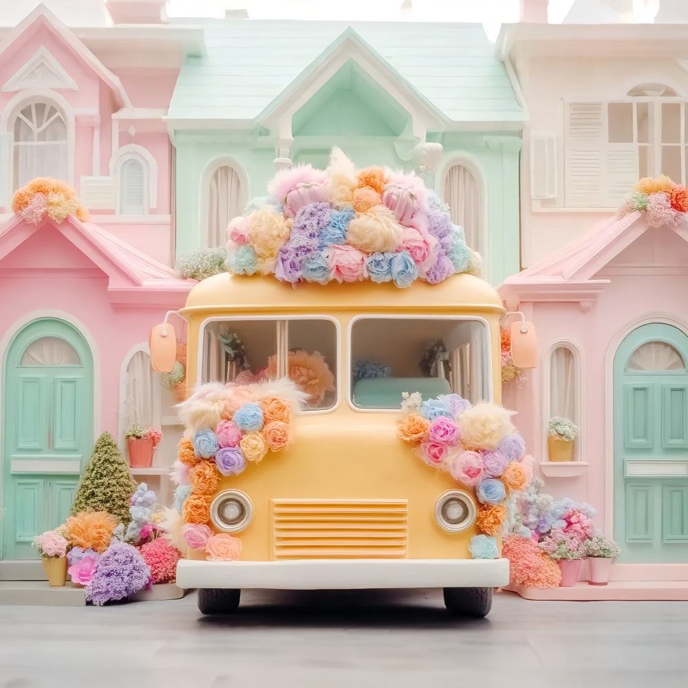 School Bus Backdrop Pastel School Bus Flowers Back To School Backdrops LXX59-220