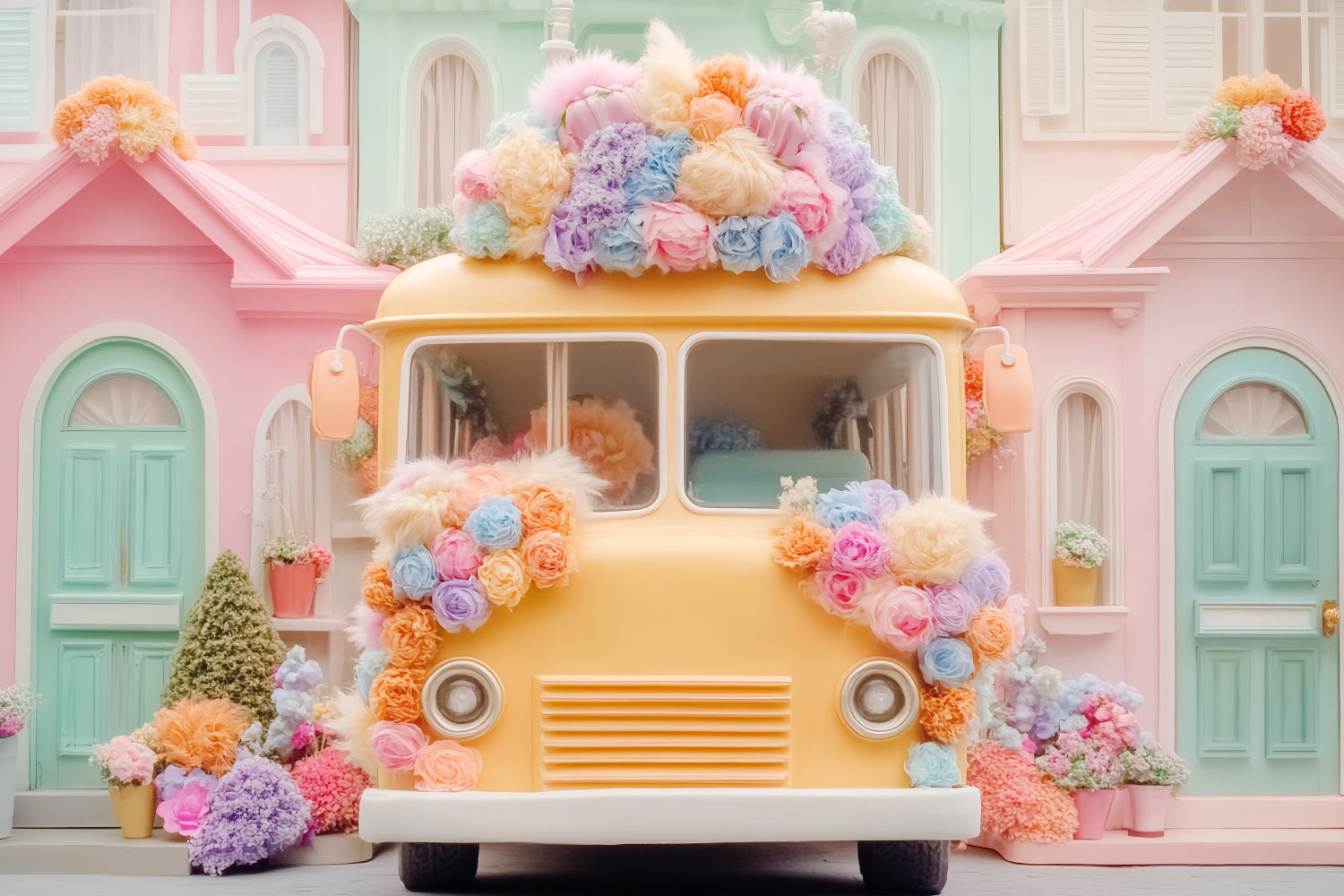 School Bus Backdrop Pastel School Bus Flowers Back To School Backdrops LXX59-220