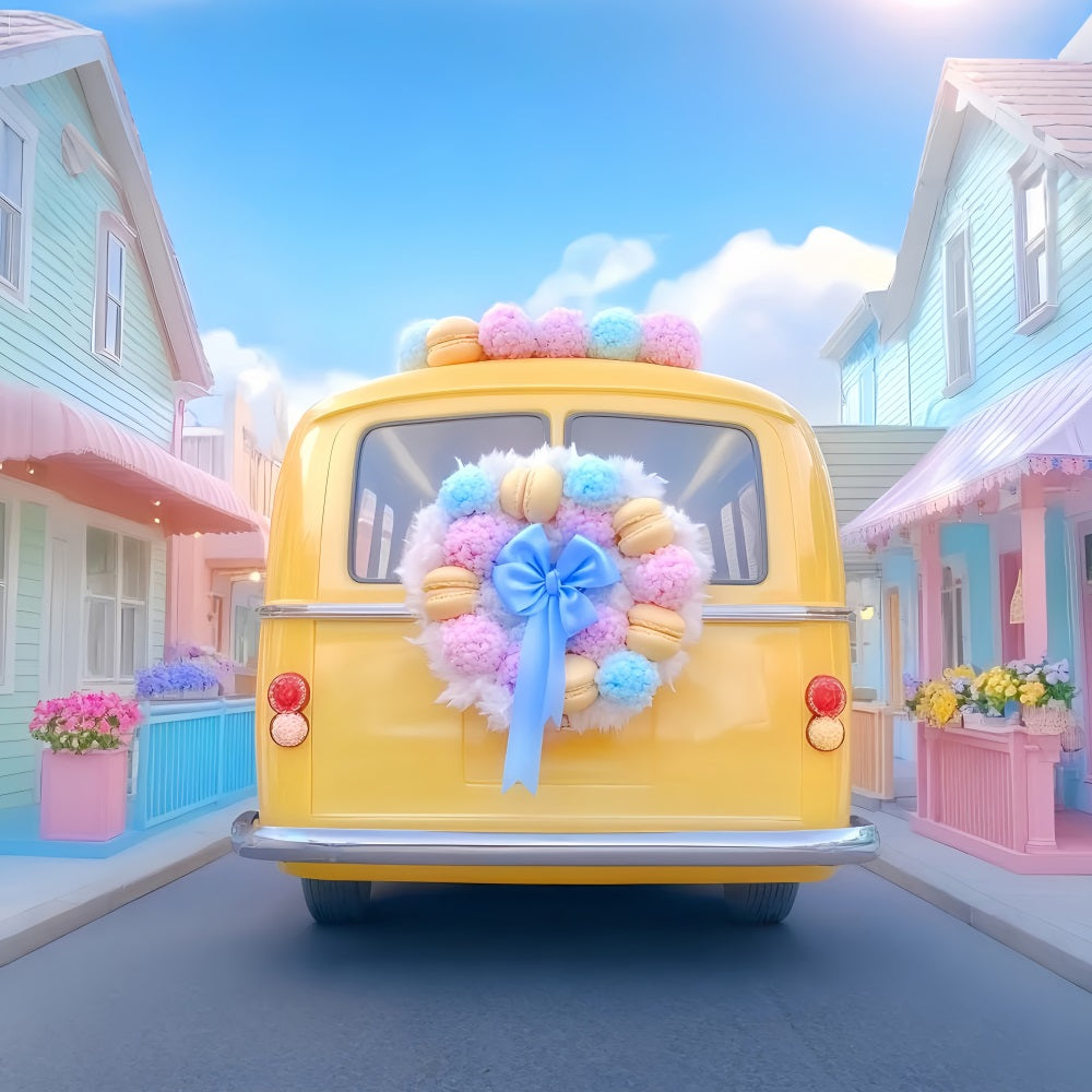 School Bus Backdrop Yellow Bus Pastel Wreath Back To School Backdrop Ideas LXX59-221