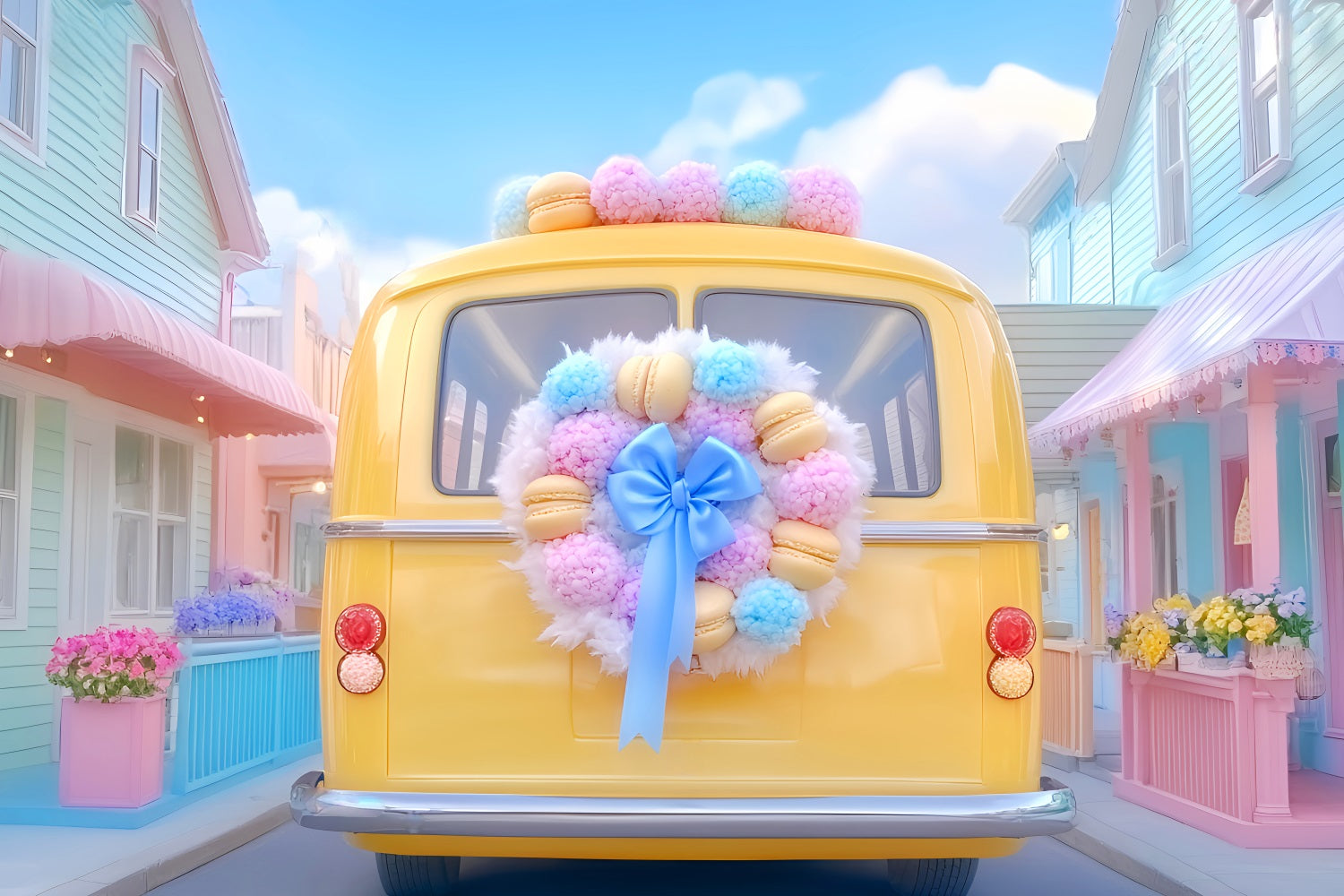 School Bus Backdrop Yellow Bus Pastel Wreath Back To School Backdrop Ideas LXX59-221