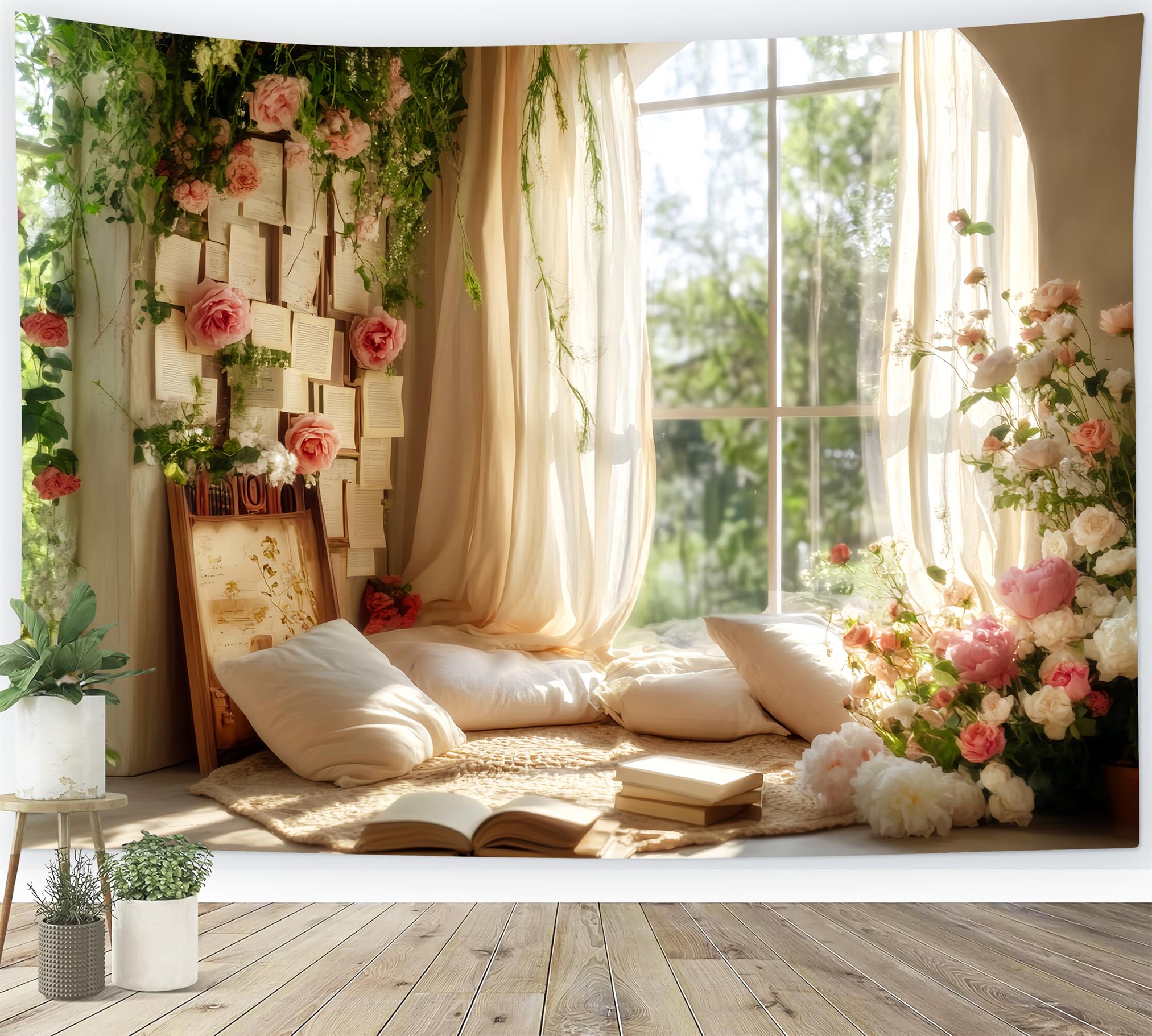 Back To School Backdrops Window Reading Corner Flowers School Picture Backdrop LXX59-223