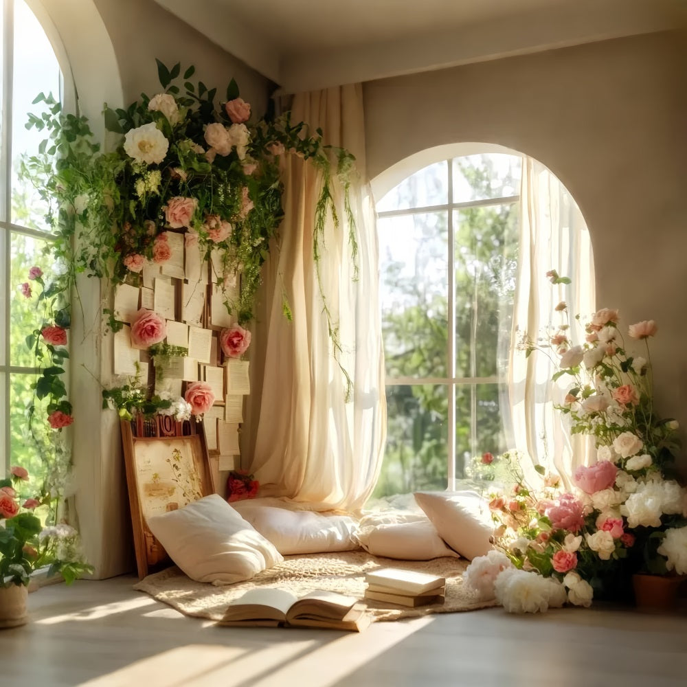 Back To School Backdrops Window Reading Corner Flowers School Picture Backdrop LXX59-223