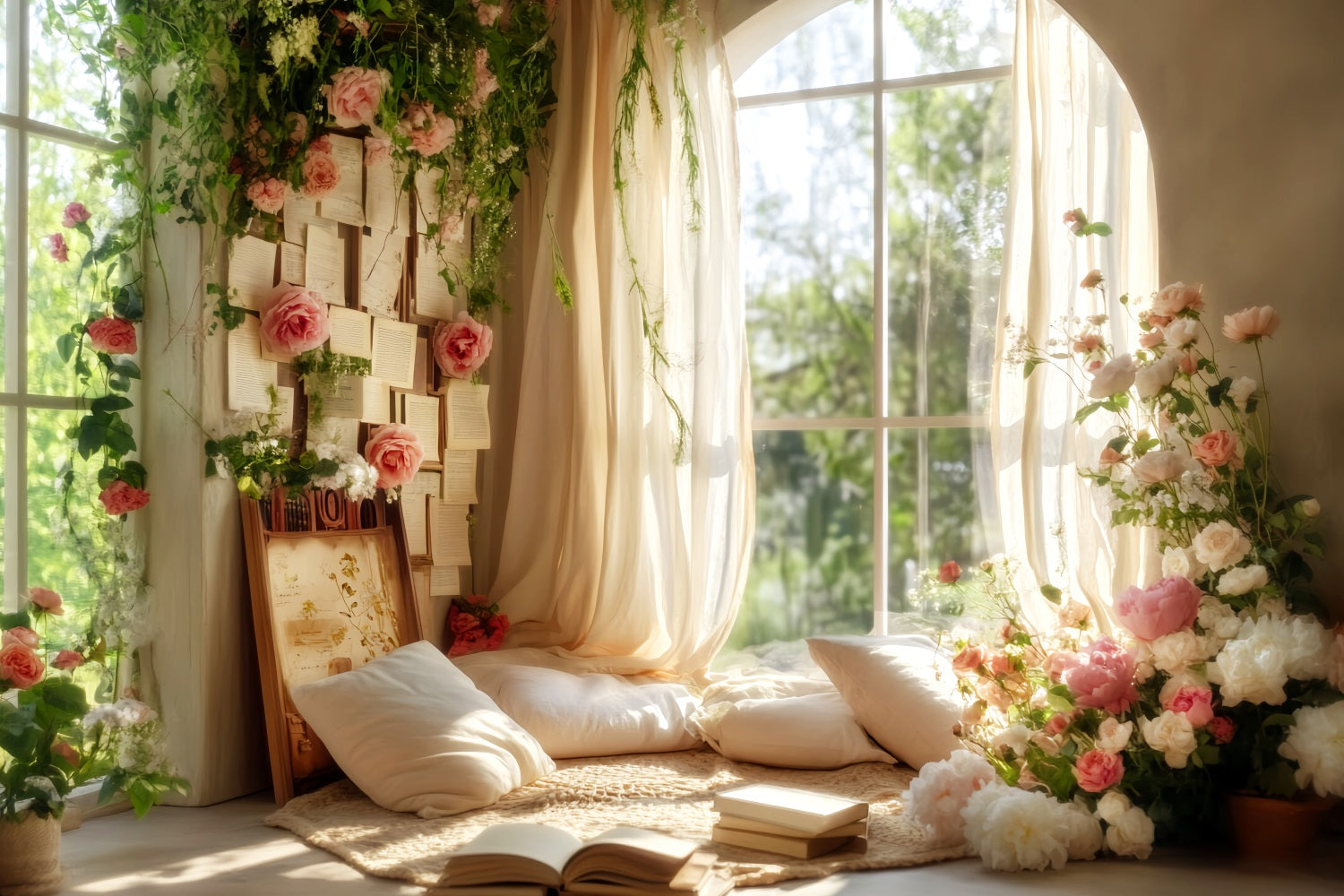 Back To School Backdrops Window Reading Corner Flowers School Picture Backdrop LXX59-223