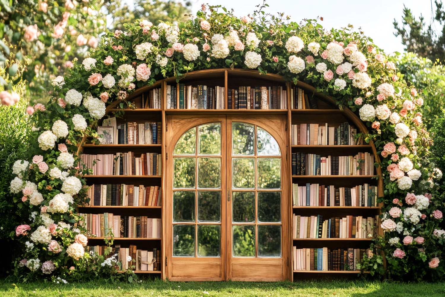 Back To School Backdrops Floral Archway Outdoor Bookshelf School Picture Backdrops LXX59-227