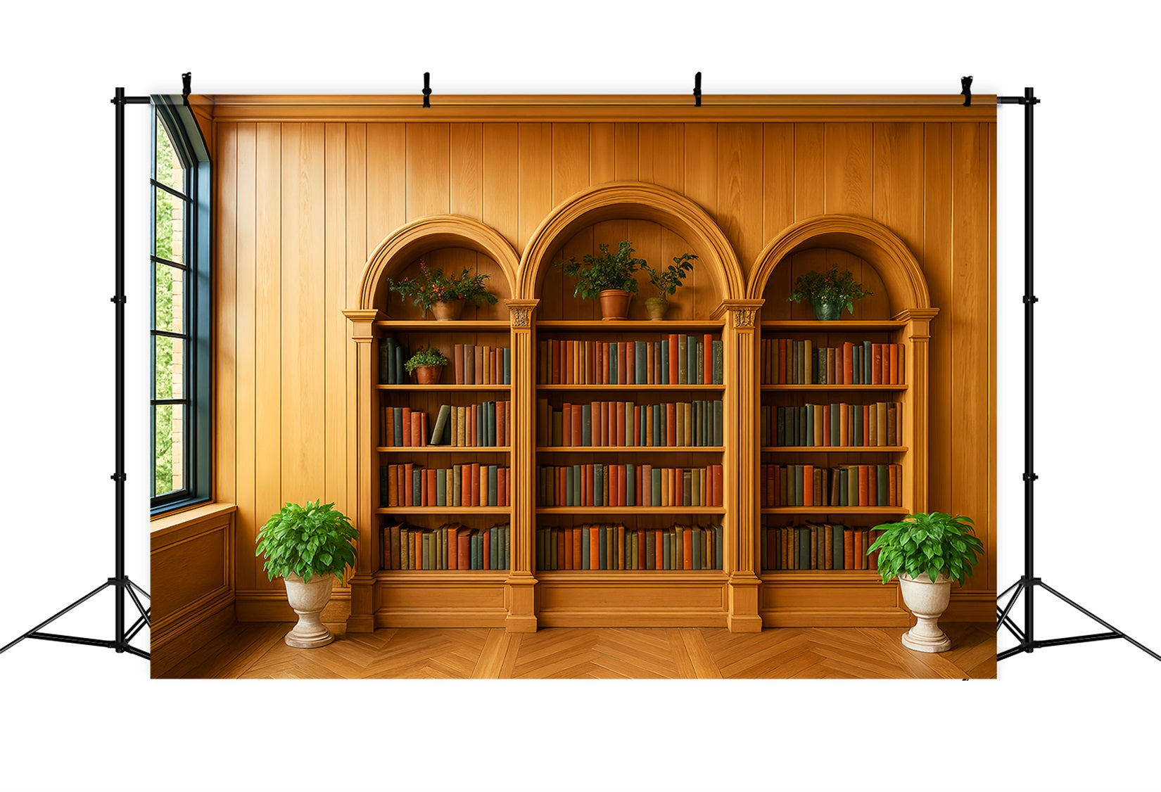 Back To School Backdrops Wooden Bookshelf Green Plants School Picture Backdrop LXX59-231