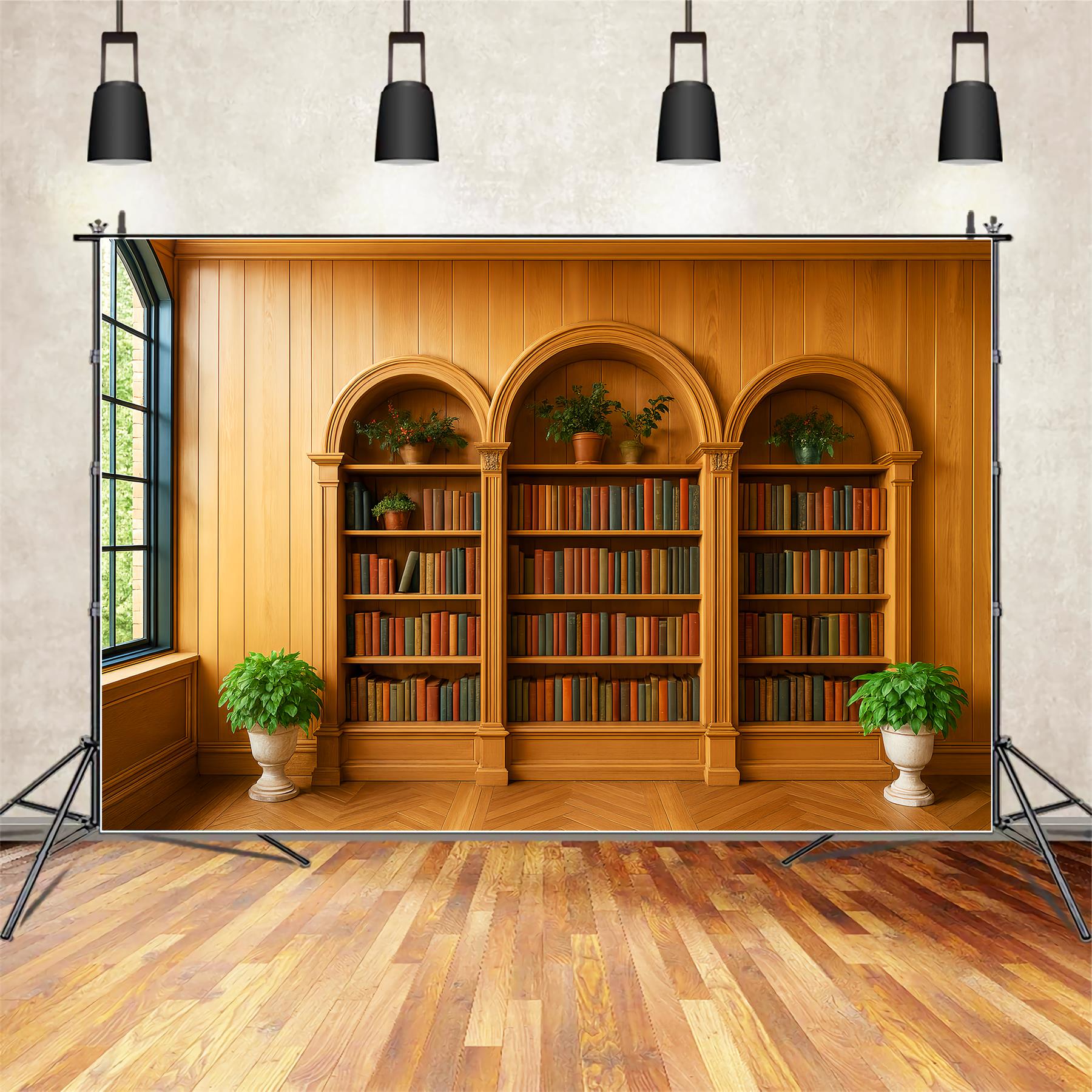 Back To School Backdrops Wooden Bookshelf Green Plants School Picture Backdrop LXX59-231