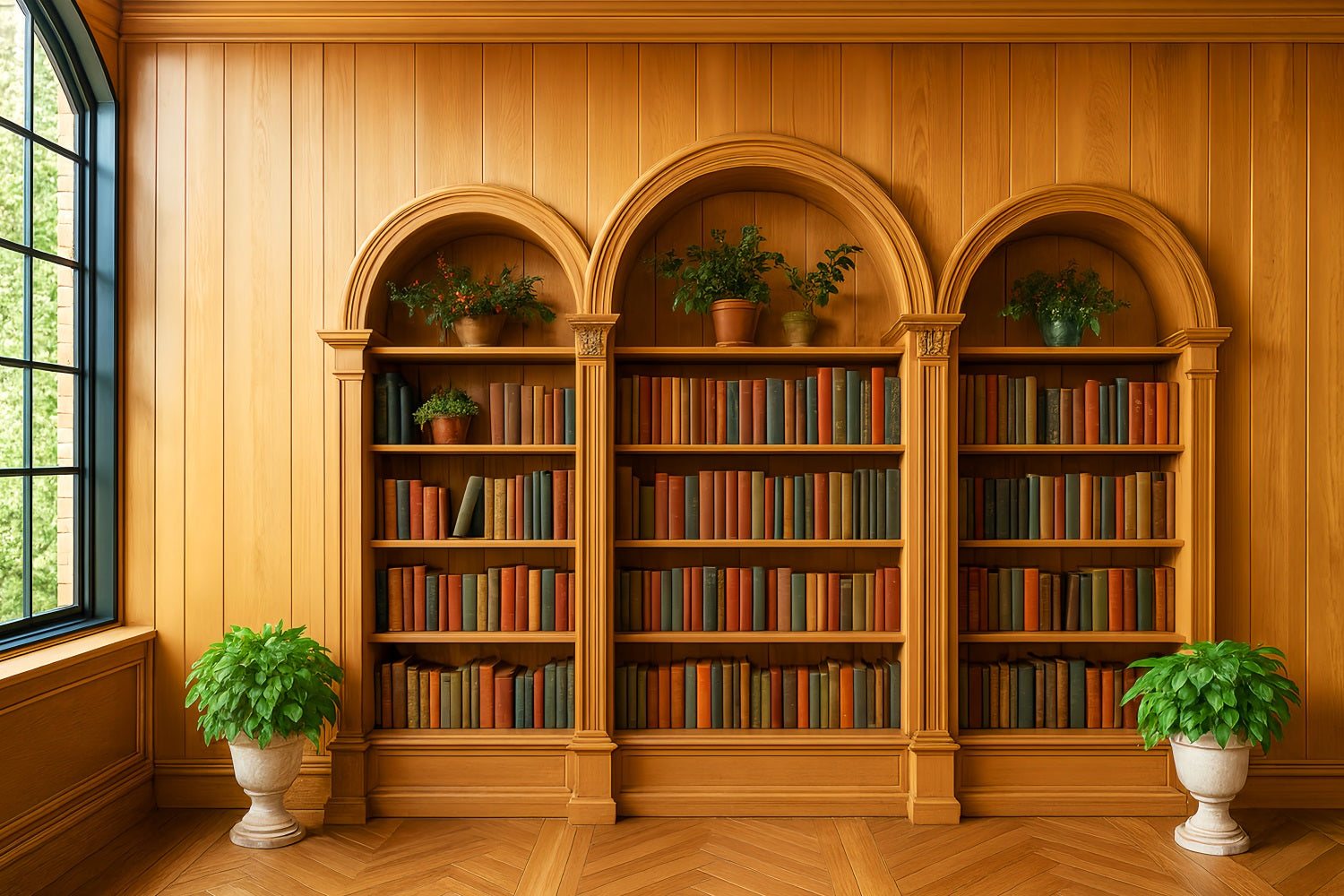 Back To School Backdrops Wooden Bookshelf Green Plants School Picture Backdrop LXX59-231