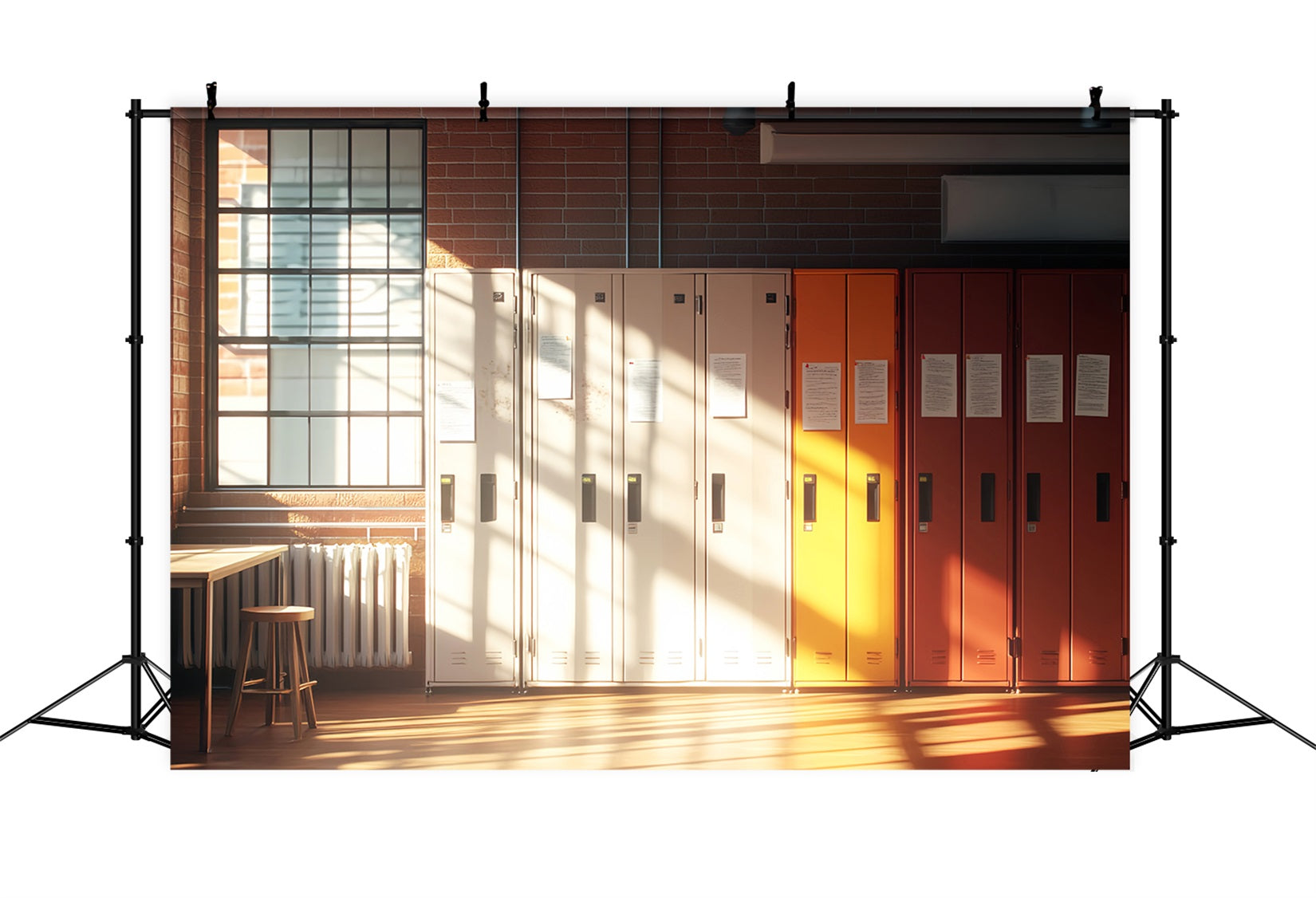 School Hallway Backdrop Bright Sunlit Hallway Lockers School Picture Backdrop LXX59-235
