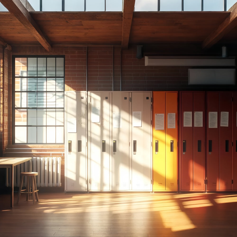 School Hallway Backdrop Bright Sunlit Hallway Lockers School Picture Backdrop LXX59-235