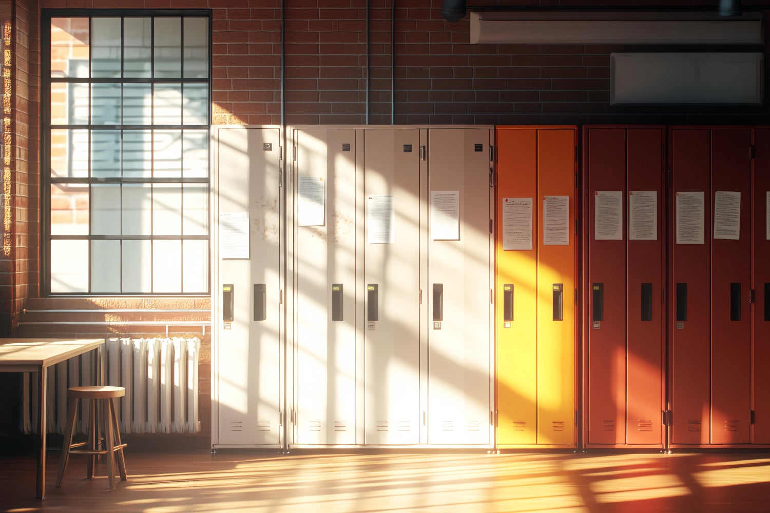 School Hallway Backdrop Bright Sunlit Hallway Lockers School Picture Backdrop LXX59-235