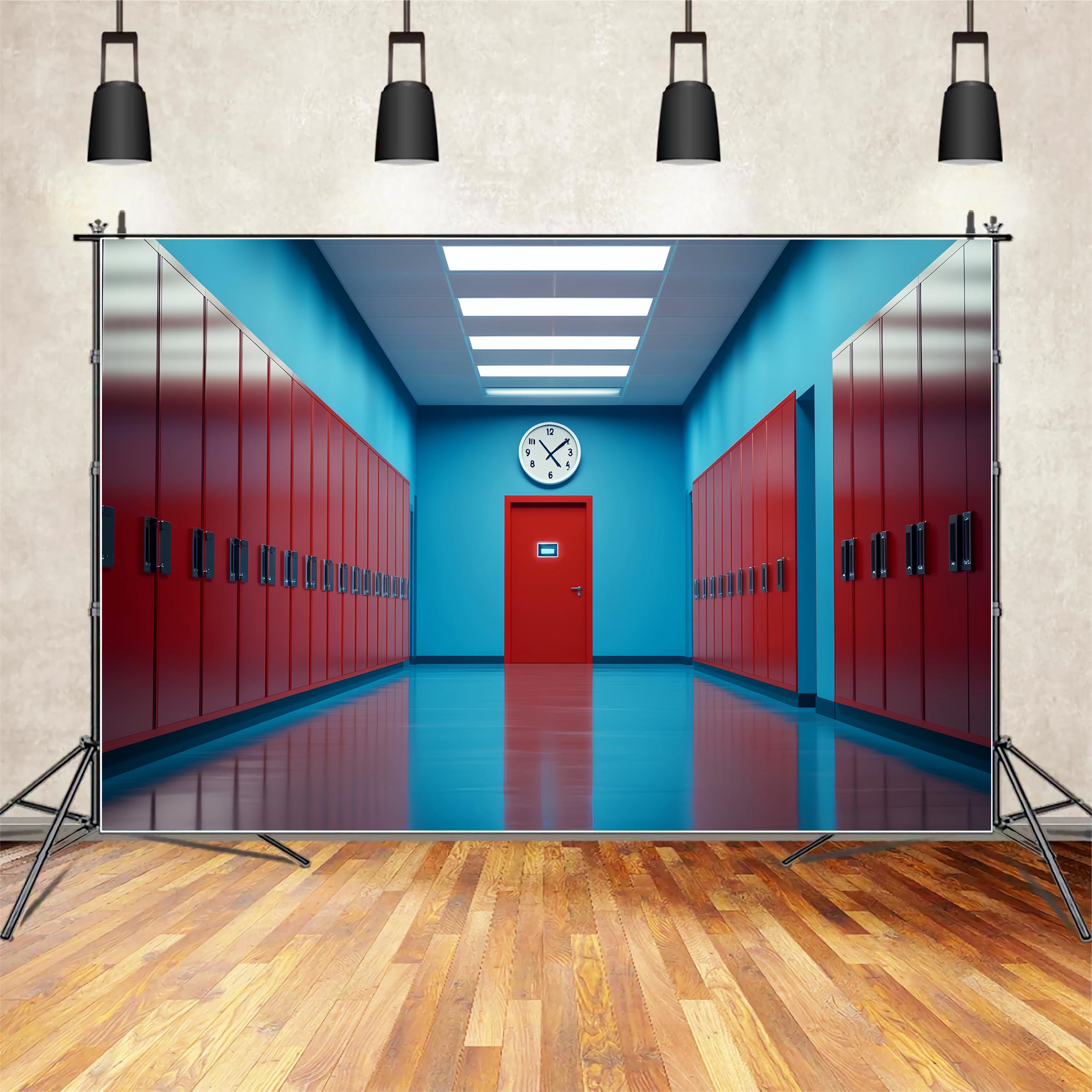 School Hallway Backdrop Red Blue Corridor Lockers School Locker Backdrop LXX59-236