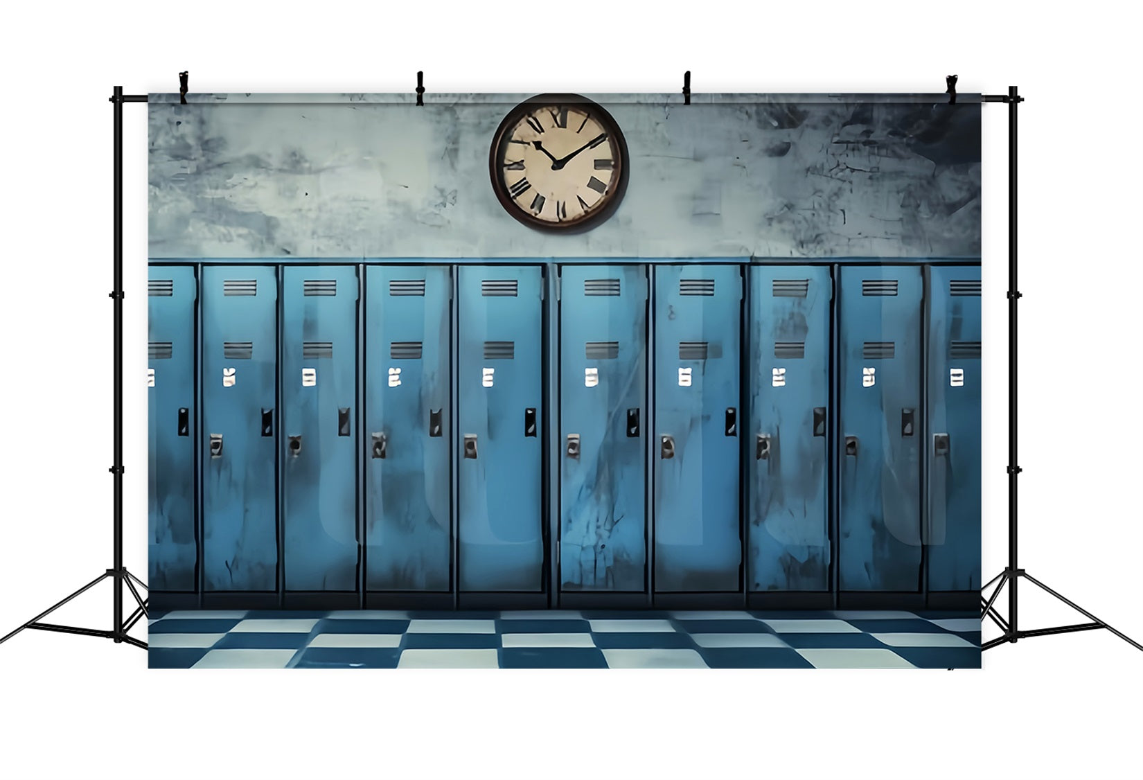 School Hallway Backdrop Vintage Blue Lockers Clock Back To School Backdrop Ideas LXX59-237