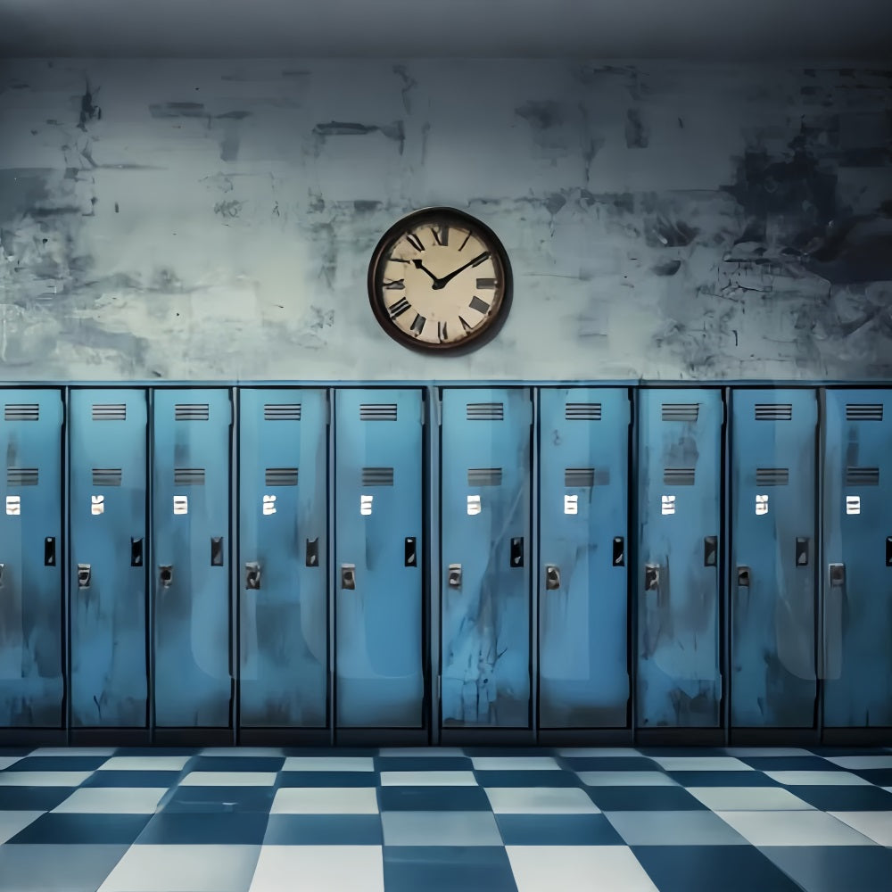 School Hallway Backdrop Vintage Blue Lockers Clock Back To School Backdrop Ideas LXX59-237