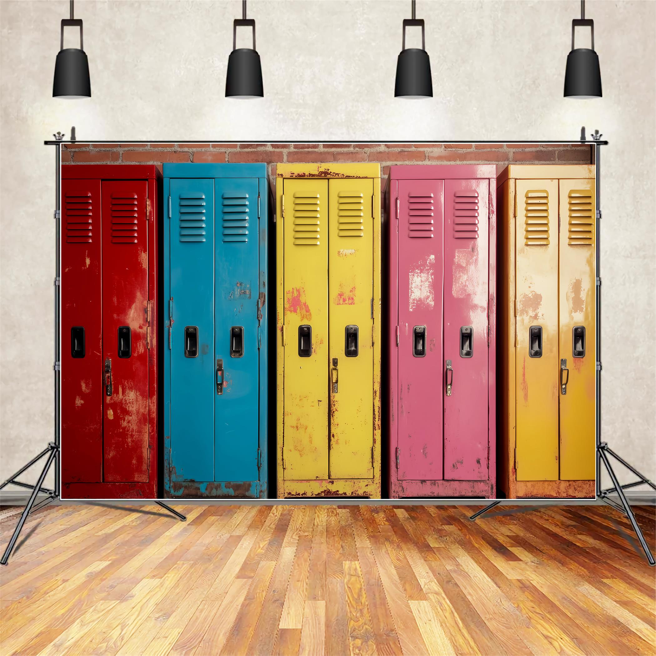 School Locker Backdrop Rustic Colorful Metal Lockers Back To School Backdrops LXX59-238