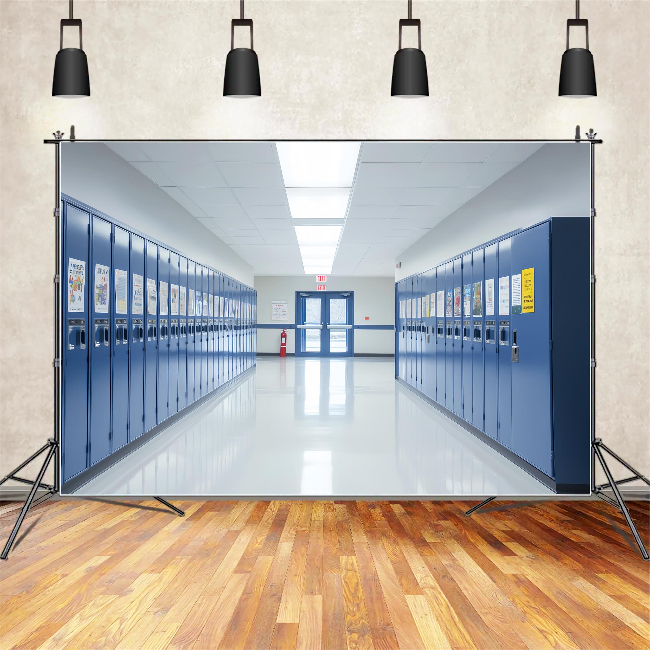 School Hallway Backdrop Bright Hallway Blue Lockers School Locker Backdrop LXX59-239