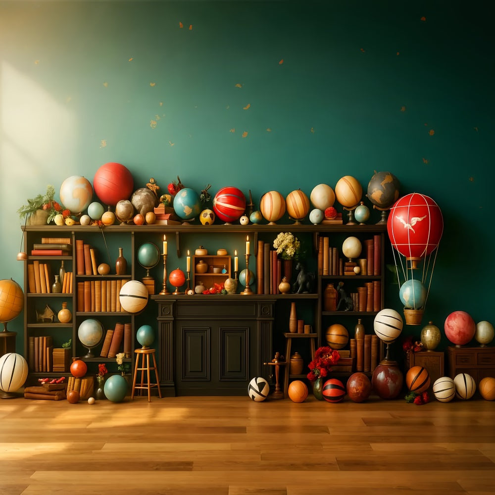 Back To School Backdrop Whimsical Globe Bookshelf Display School Picture Backdrop LXX59-240