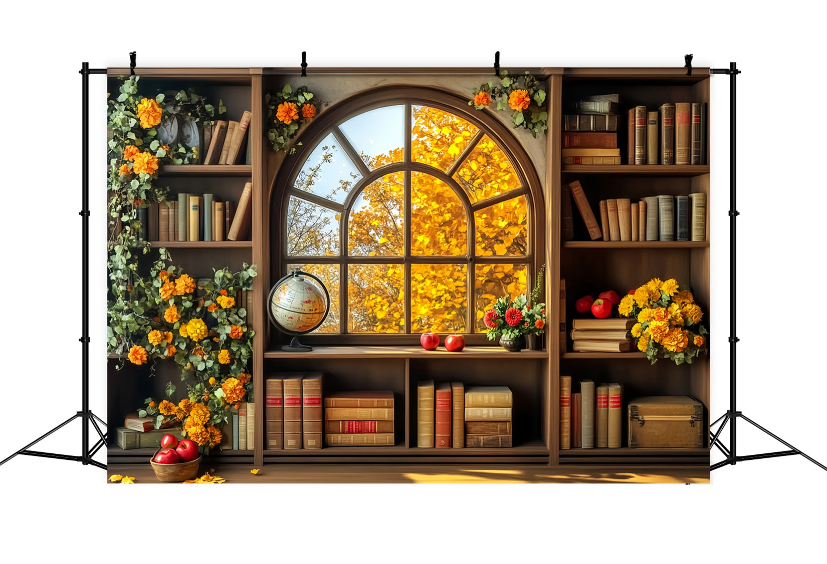 Back To School Backdrop Autumn Bookshelf Window View School Classroom Backdrop LXX59-241
