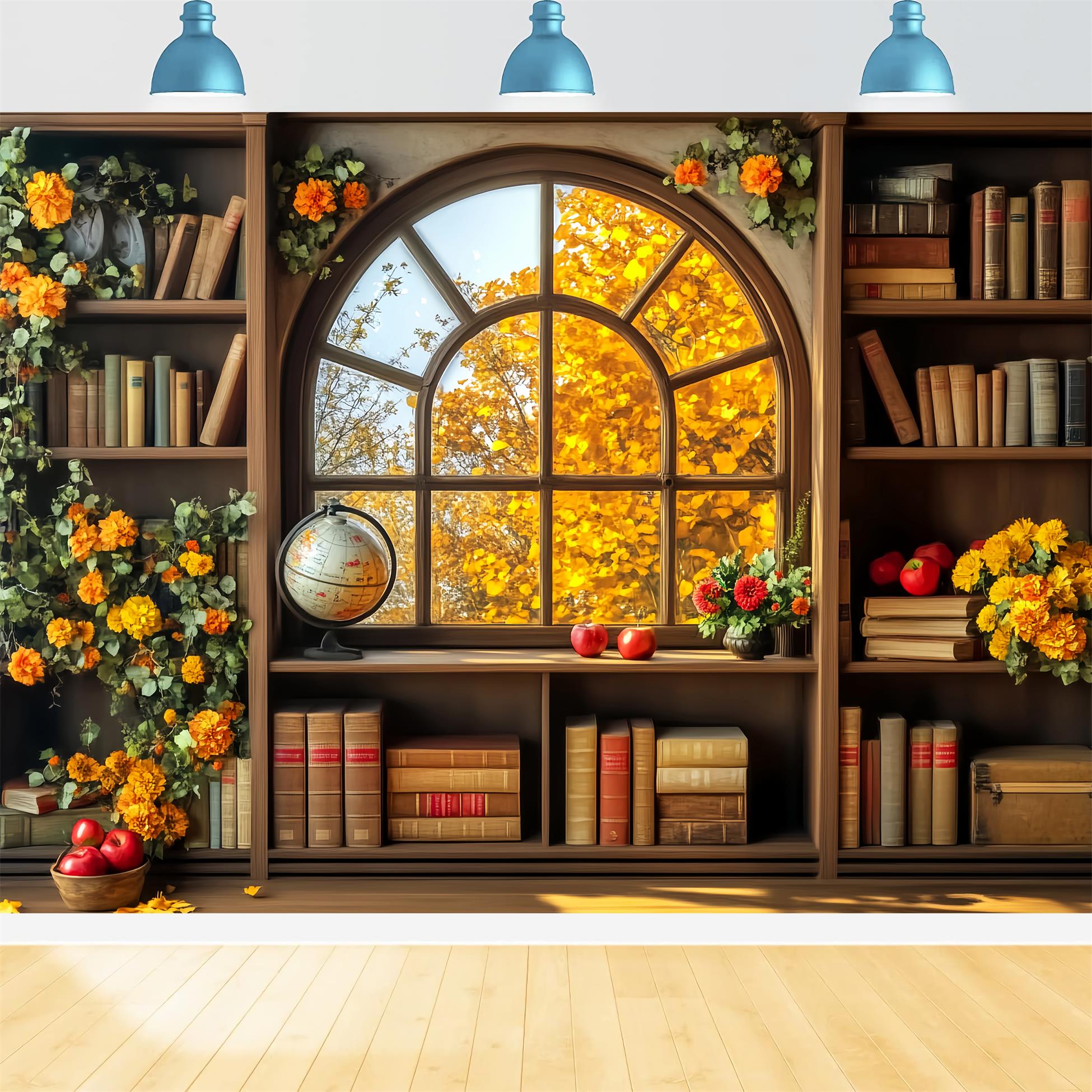 Back To School Backdrop Autumn Bookshelf Window View School Classroom Backdrop LXX59-241