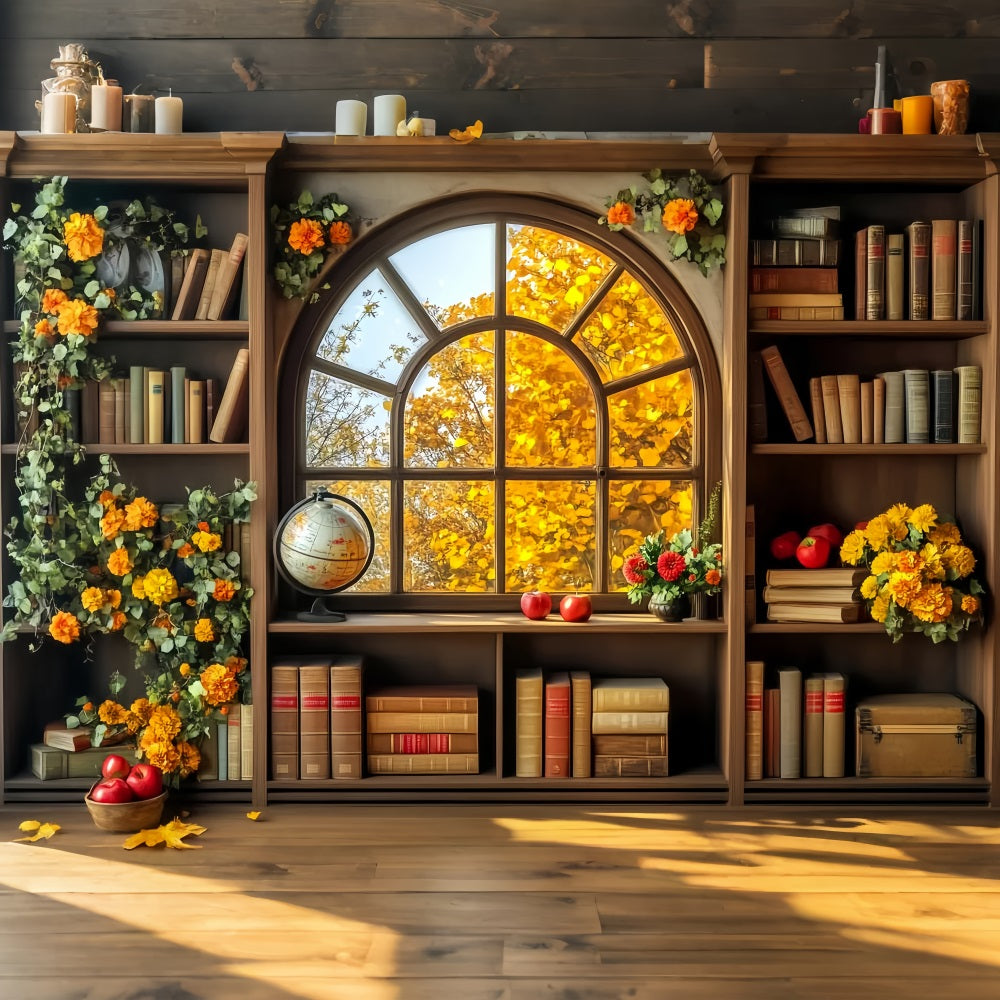 Back To School Backdrop Autumn Bookshelf Window View School Classroom Backdrop LXX59-241