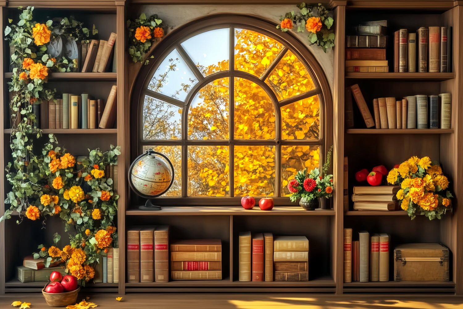 Back To School Backdrop Autumn Bookshelf Window View School Classroom Backdrop LXX59-241