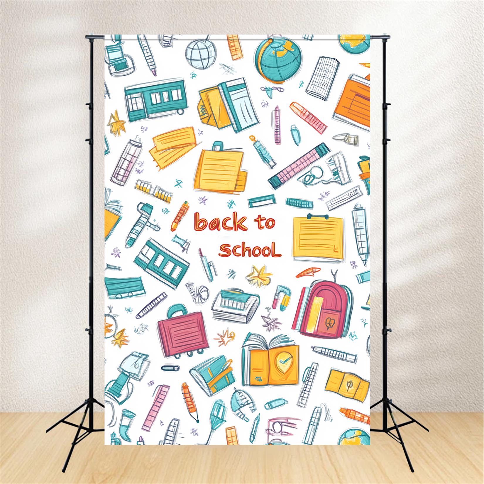Preschool Photo Backdrops Colorful Doodle School Supplies Back To School Backdrop LXX59-245