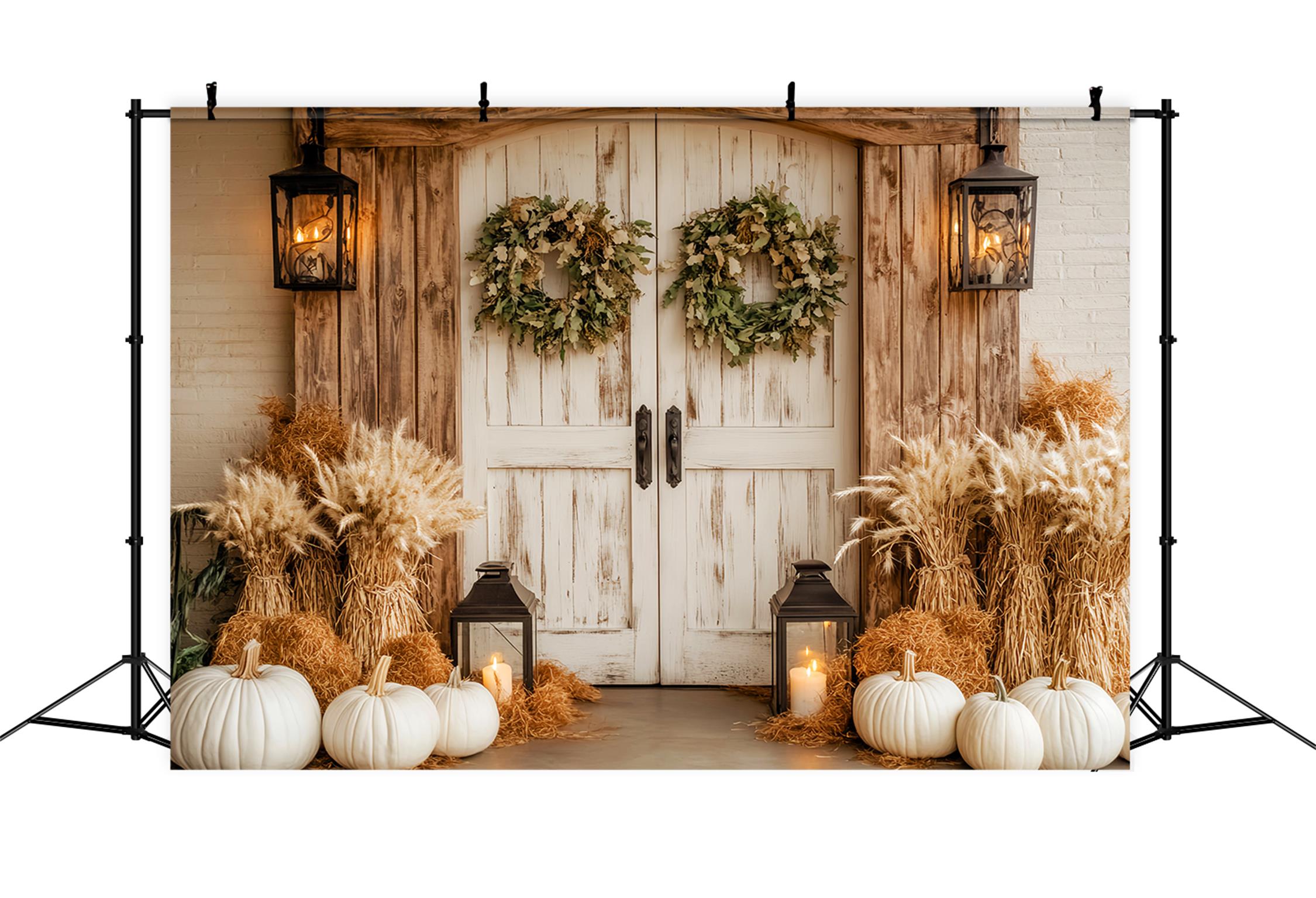 Barn Door Backdrop Rustic White Pumpkins Lanterns Fall Backdrop LXX59-259