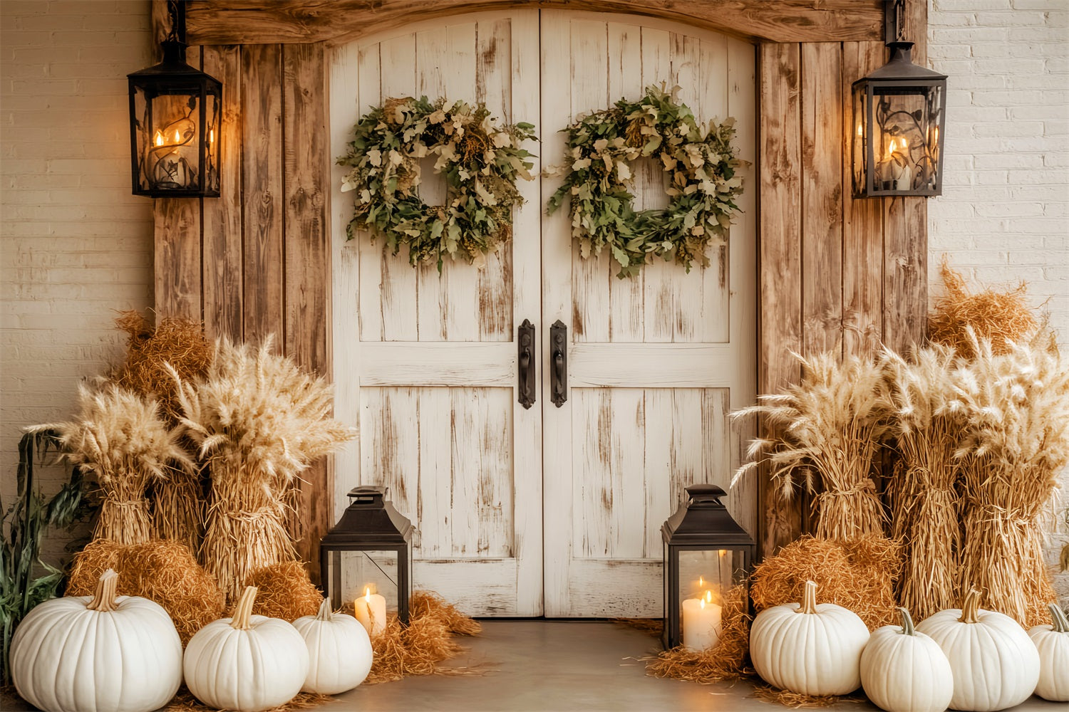 Barn Door Backdrop Rustic White Pumpkins Lanterns Fall Backdrop LXX59-259
