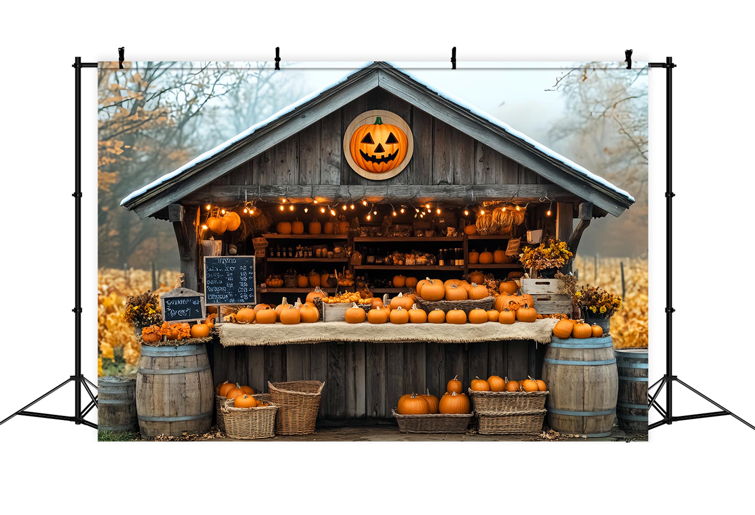Fall Backdrop Pumpkin Market Wooden Cabin Fall Photo Backdrop LXX59-260