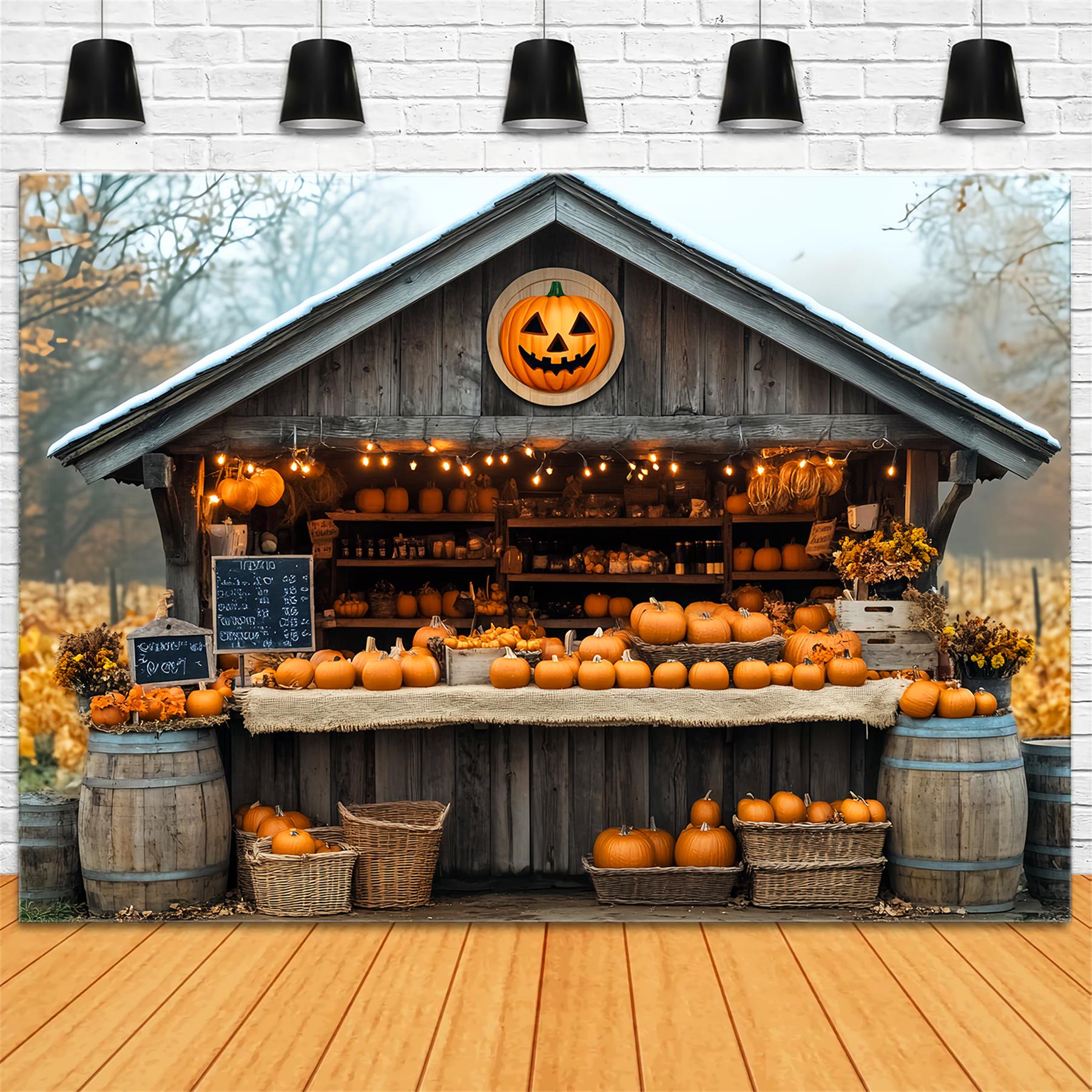 Fall Backdrop Pumpkin Market Wooden Cabin Fall Photo Backdrop LXX59-260