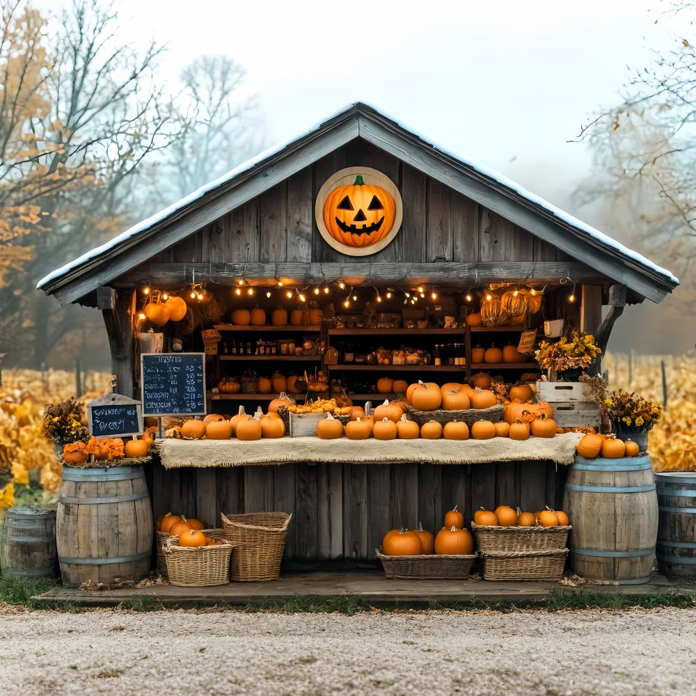 Fall Backdrop Pumpkin Market Wooden Cabin Fall Photo Backdrop LXX59-260