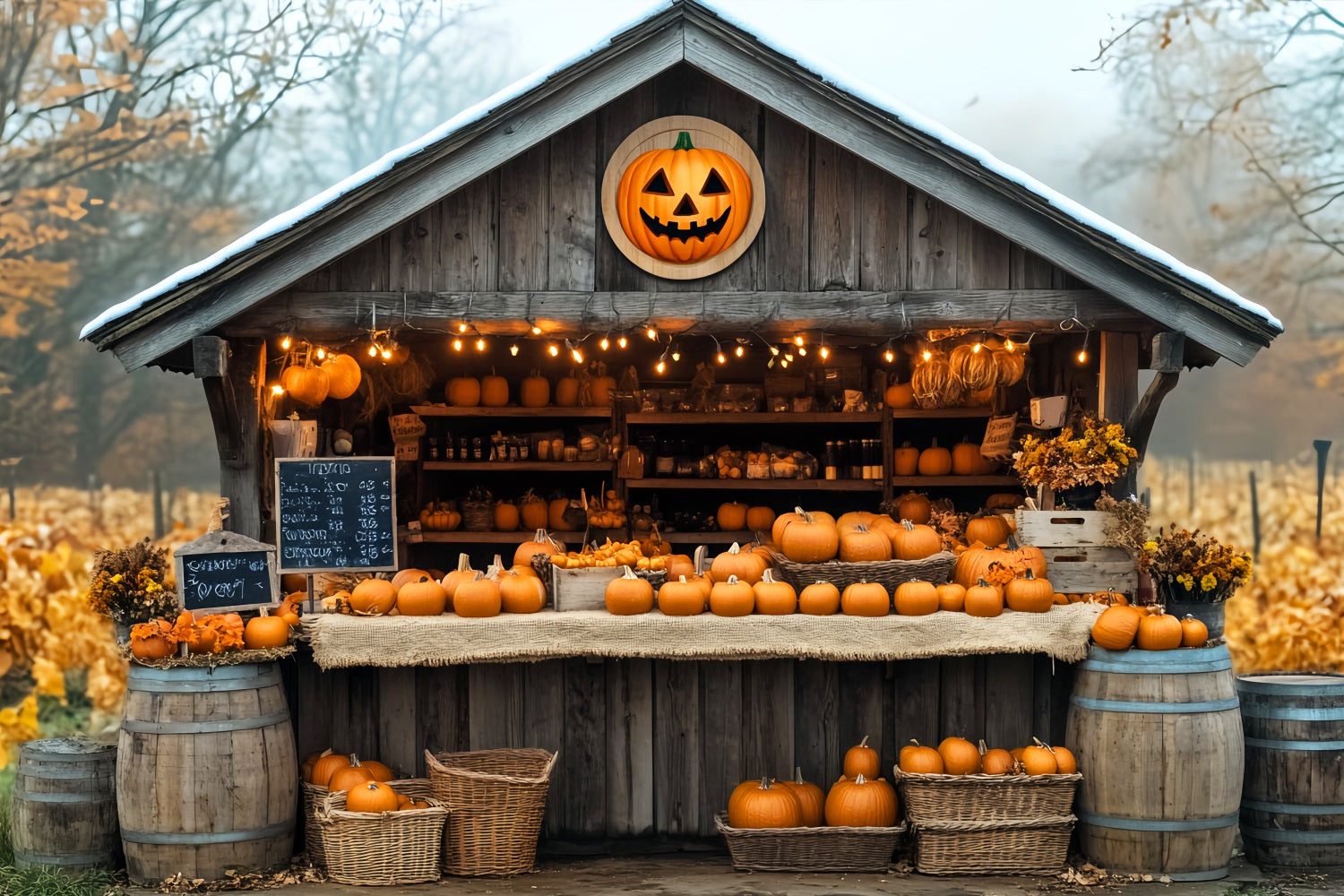 Fall Backdrop Pumpkin Market Wooden Cabin Fall Photo Backdrop LXX59-260
