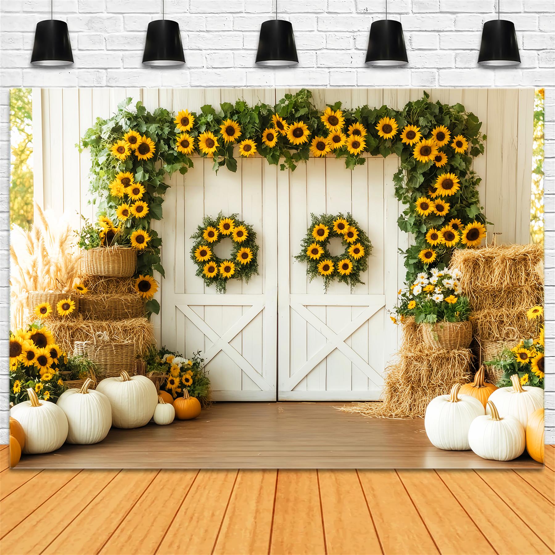 Barn Door Backdrop Sunflower Pumpkin Harvest Fall Photography Backdrops LXX59-262