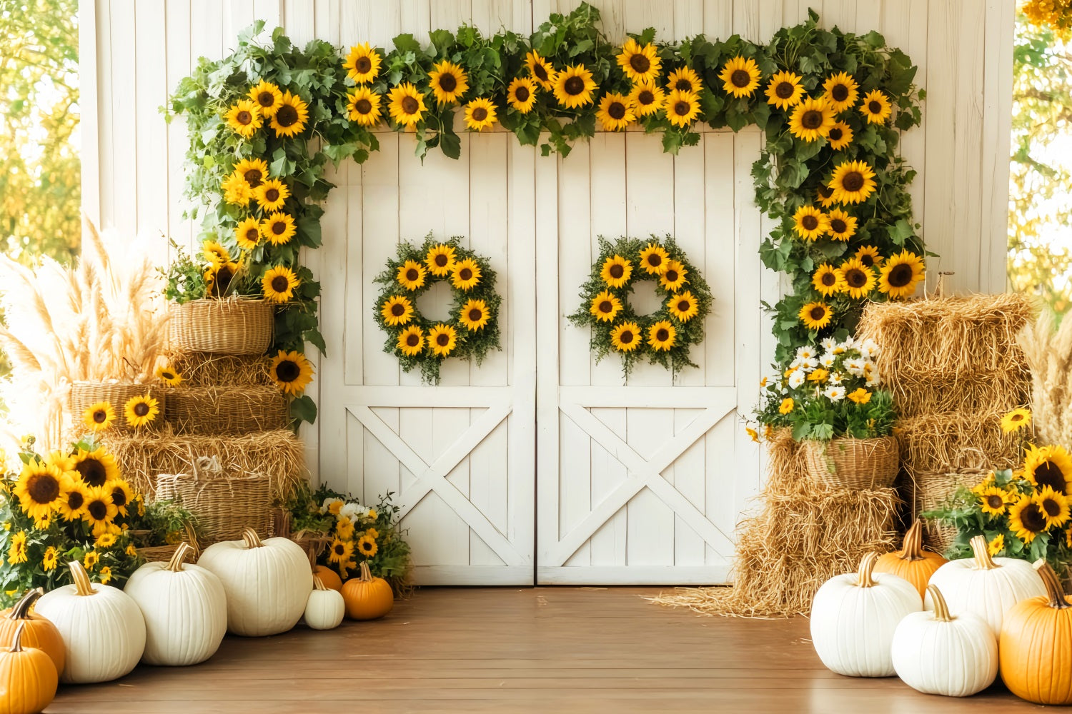 Barn Door Backdrop Sunflower Pumpkin Harvest Fall Photography Backdrops LXX59-262