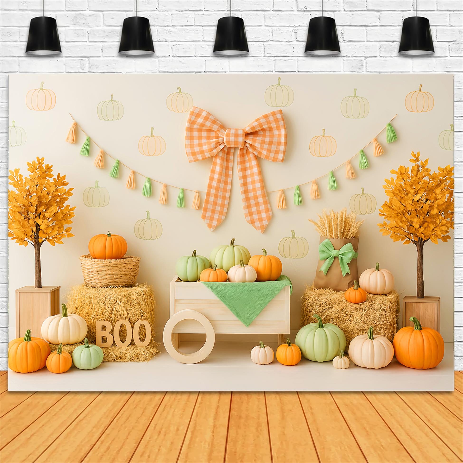 Fall Backdrop Pumpkin Bow Harvest Display Fall Backdrop for Pictures LXX59-263