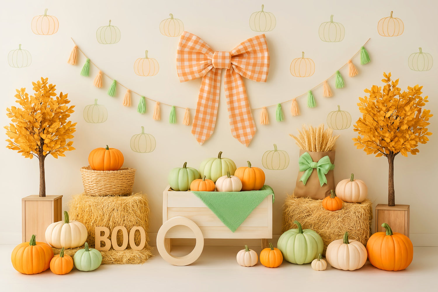 Fall Backdrop Pumpkin Bow Harvest Display Fall Backdrop for Pictures LXX59-263