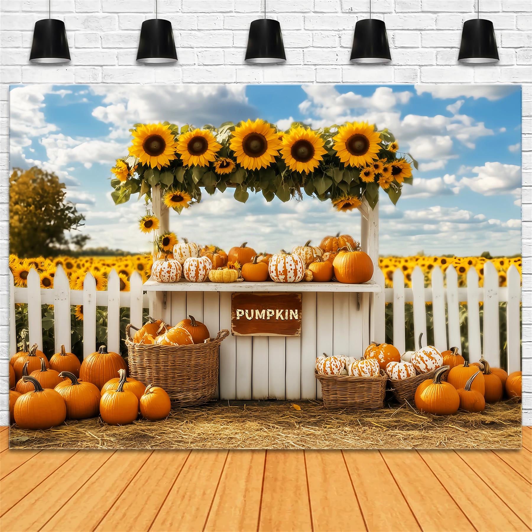 Fall Backdrop Pumpkin Sunflower Market Stand Fall Photo Backdrops LXX59-266