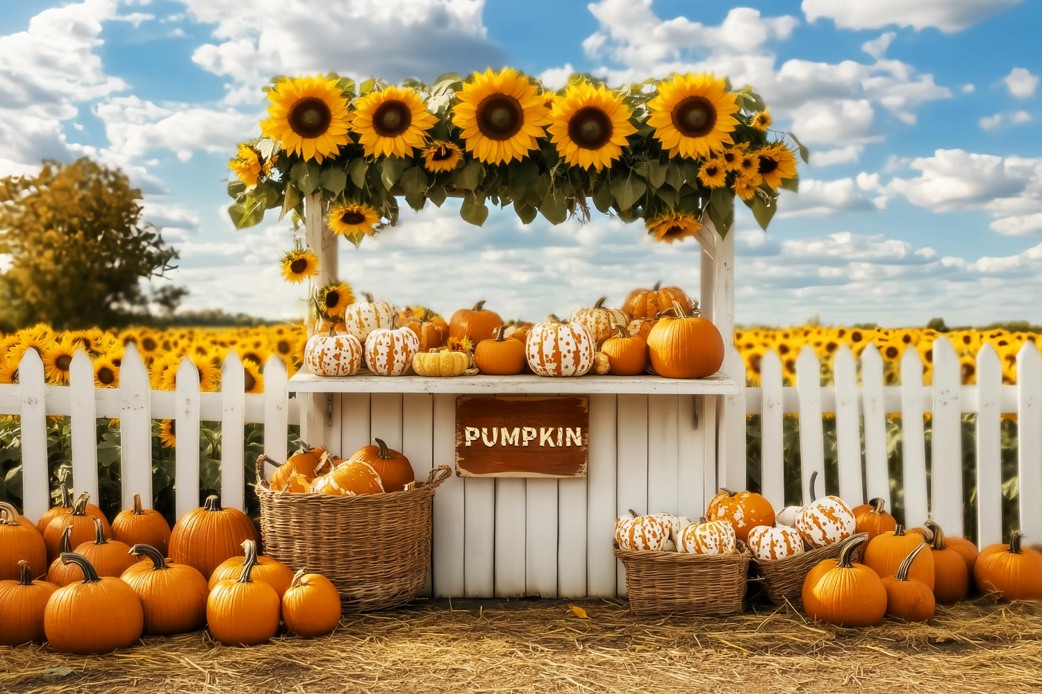 Fall Backdrop Pumpkin Sunflower Market Stand Fall Photo Backdrops LXX59-266
