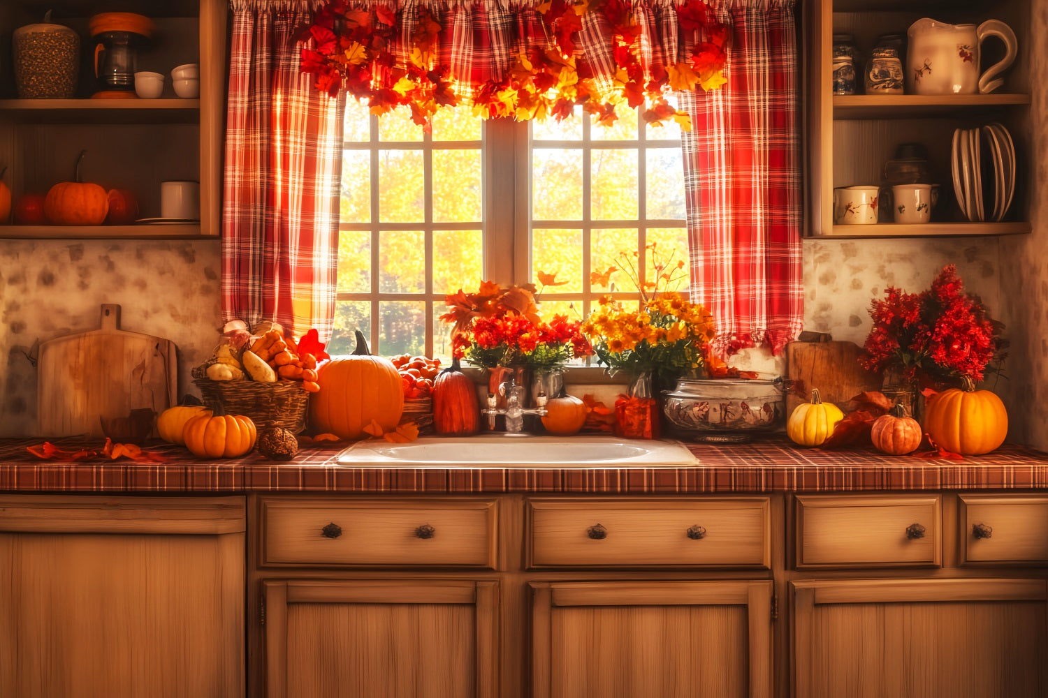 Kitchen Backdrop Cozy Fall Window Display Autumn Backdrop LXX59-269