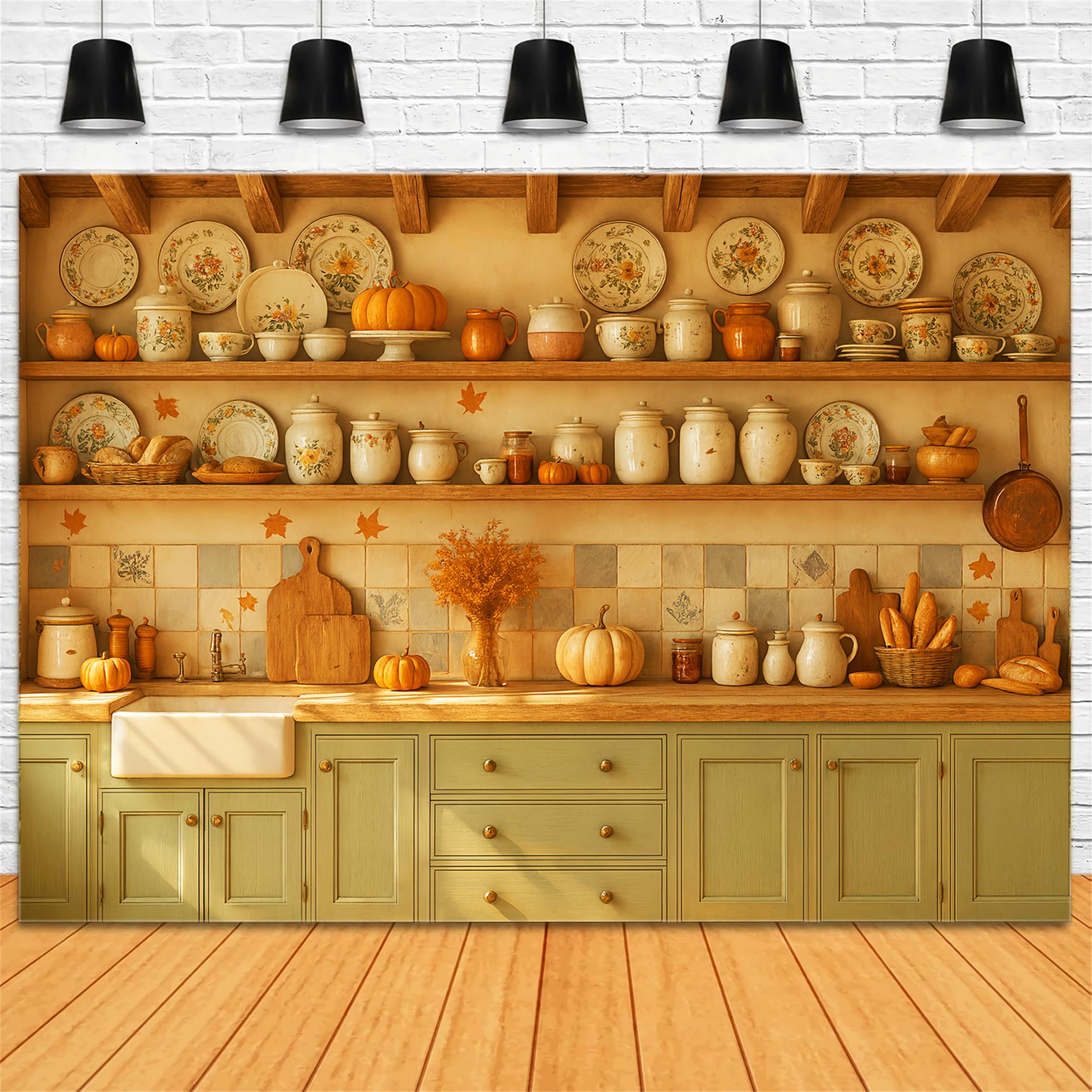 Kitchen Backdrop Vintage Autumn Kitchen Setup Fall Photo Backdrop LXX59-270