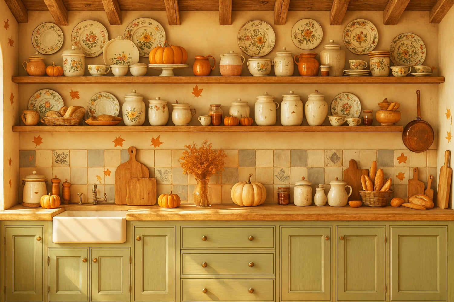 Kitchen Backdrop Vintage Autumn Kitchen Setup Fall Photo Backdrop LXX59-270
