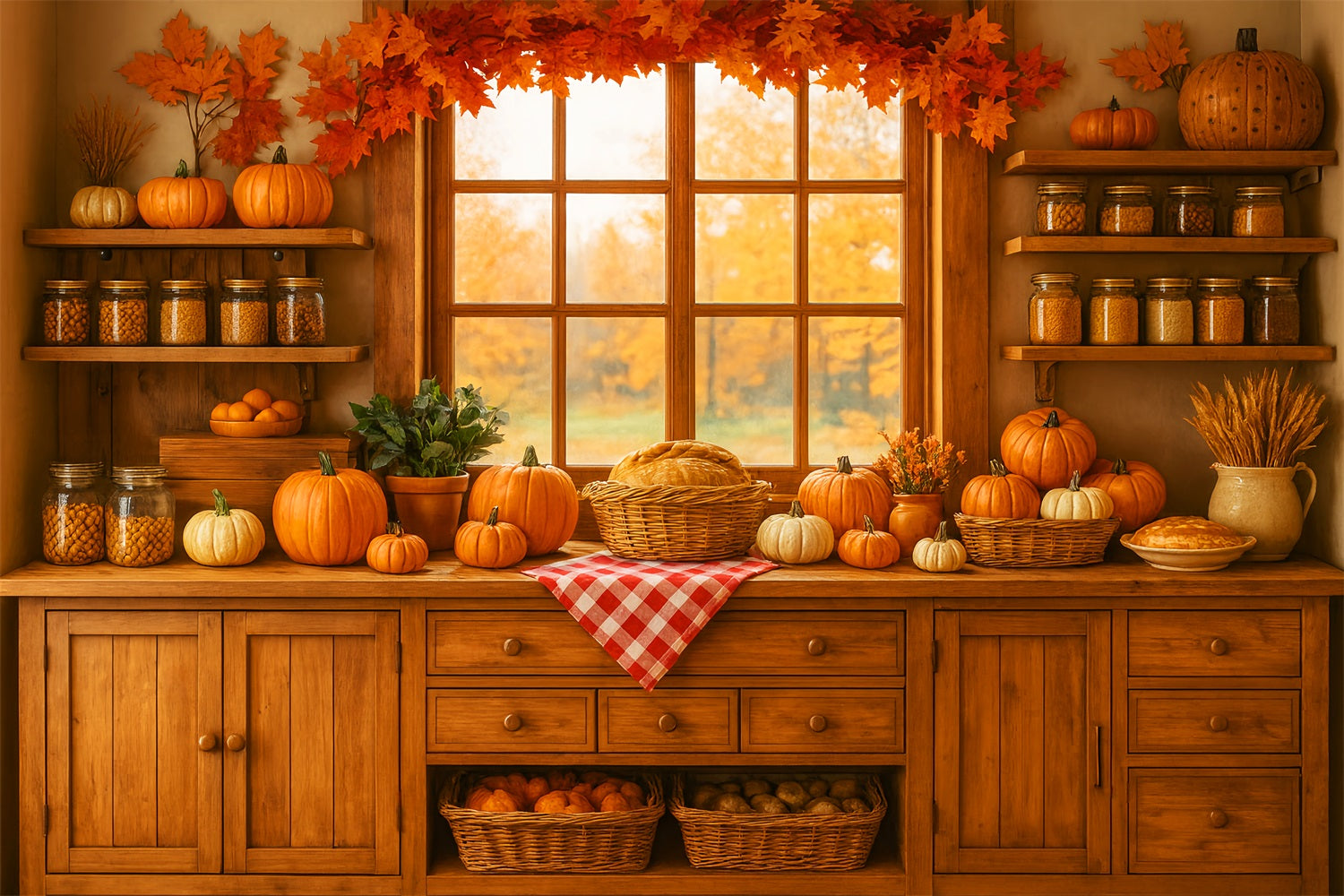Kitchen Backdrop Pumpkin Harvest Kitchen Corner Autumn Backdrops LXX59-271