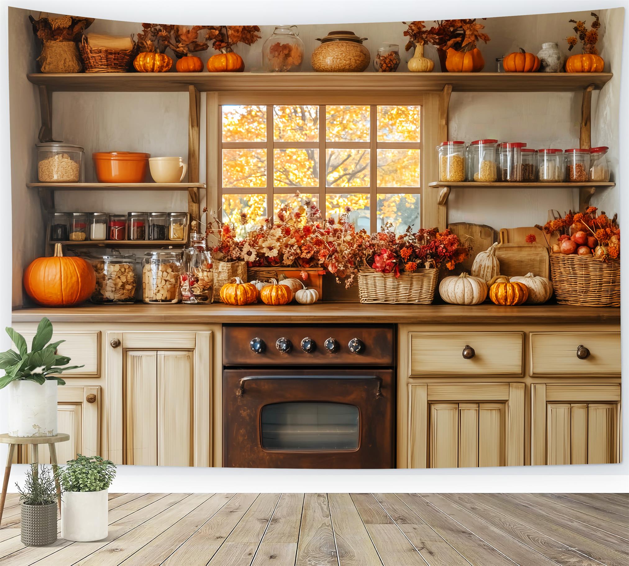 Kitchen Backdrop Autumn Window Cozy Decor Fall Photography Backdrops LXX59-272