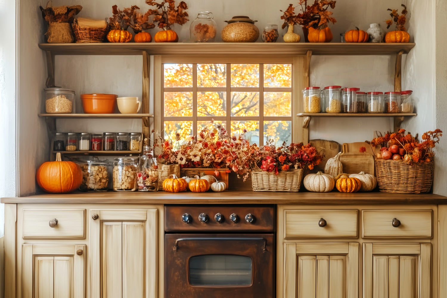 Kitchen Backdrop Autumn Window Cozy Decor Fall Photography Backdrops LXX59-272