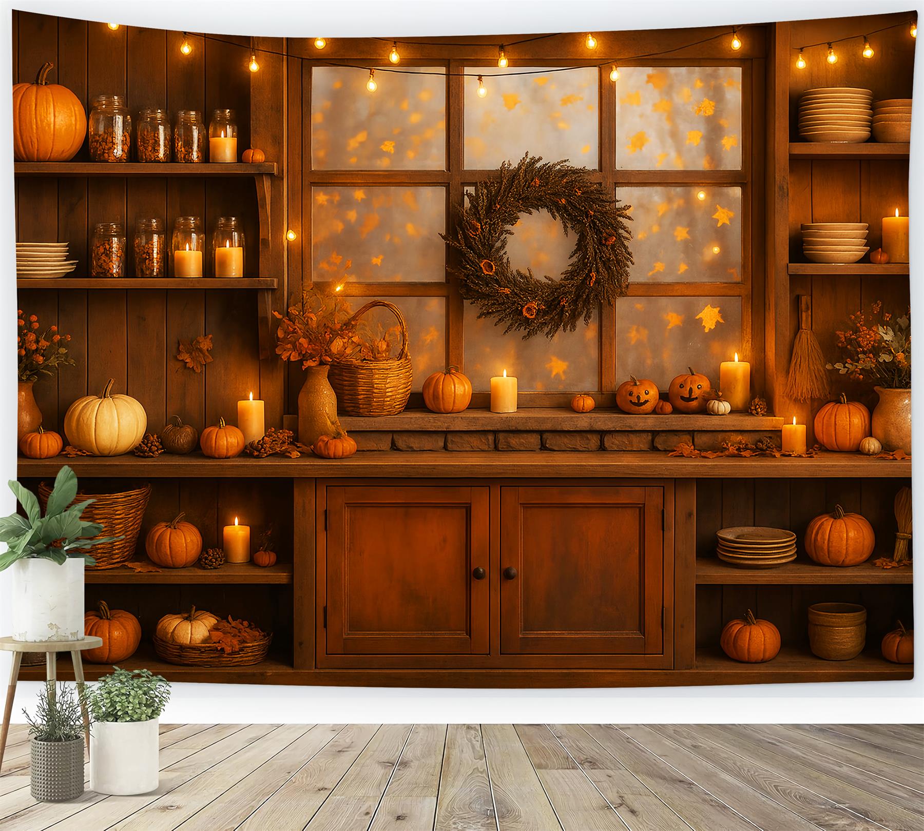 Kitchen Backdrop Warm Autumn Glow Kitchen Window Fall Photo Backdrop LXX59-274