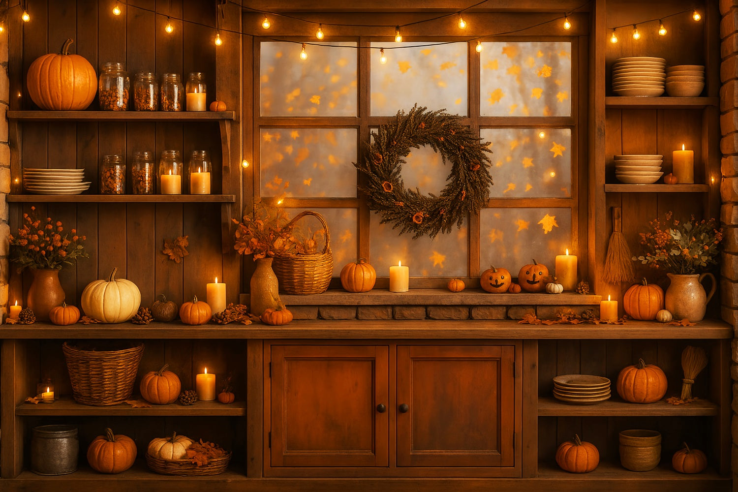 Kitchen Backdrop Warm Autumn Glow Kitchen Window Fall Photo Backdrop LXX59-274