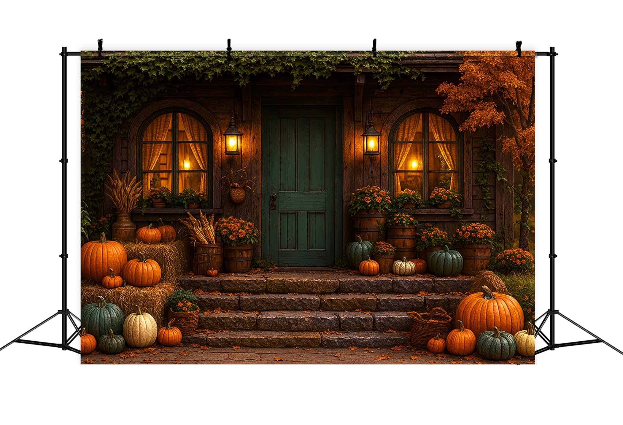 Rustic Backdrop Cozy Autumn Porch Pumpkins Fall Photography Backdrops LXX59-279