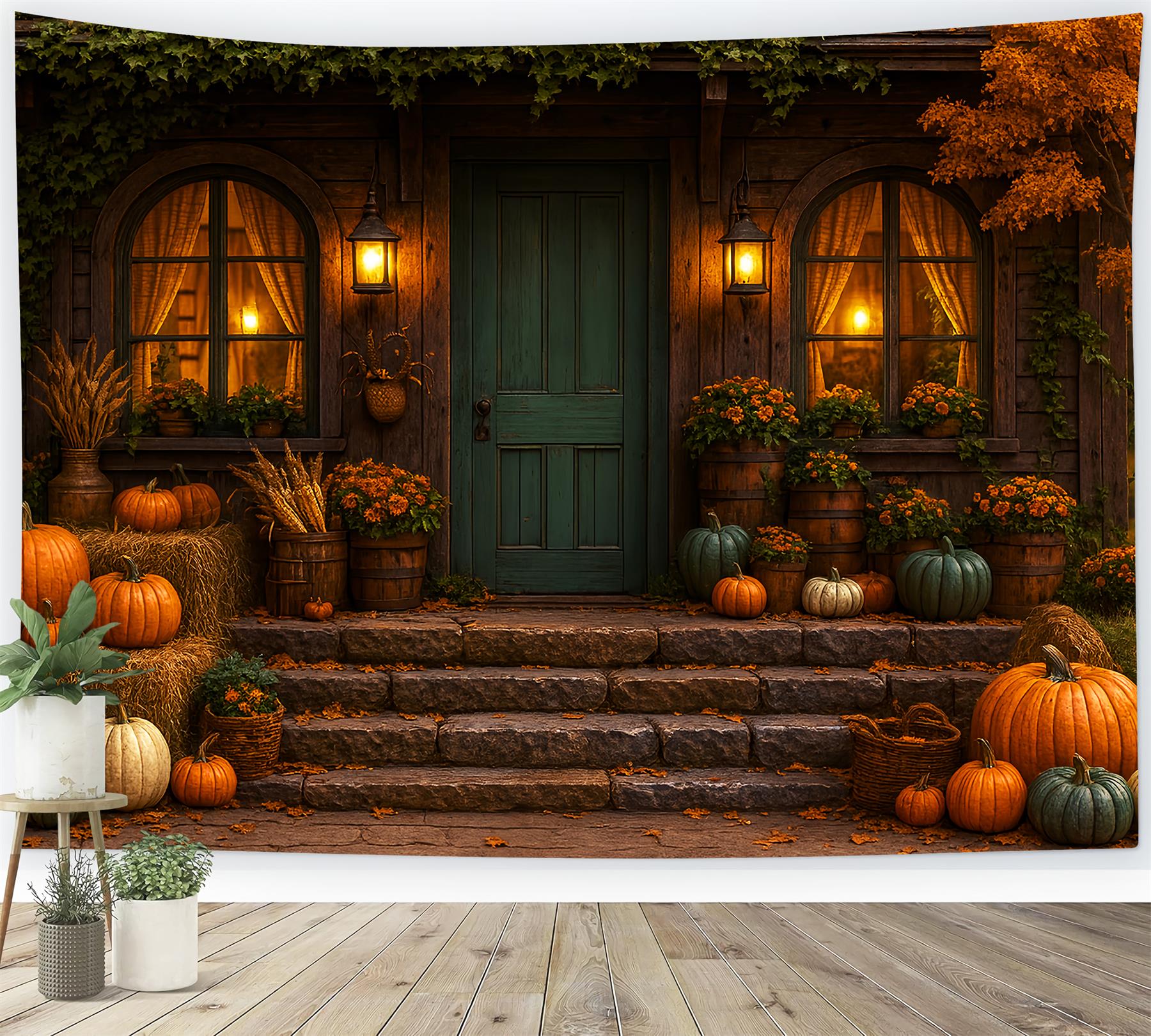 Rustic Backdrop Cozy Autumn Porch Pumpkins Fall Photography Backdrops LXX59-279
