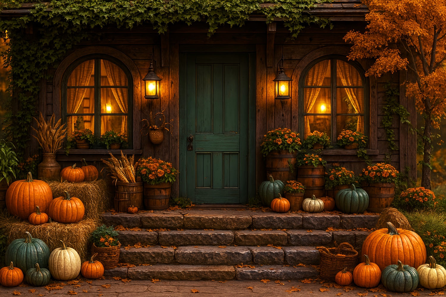 Rustic Backdrop Cozy Autumn Porch Pumpkins Fall Photography Backdrops LXX59-279