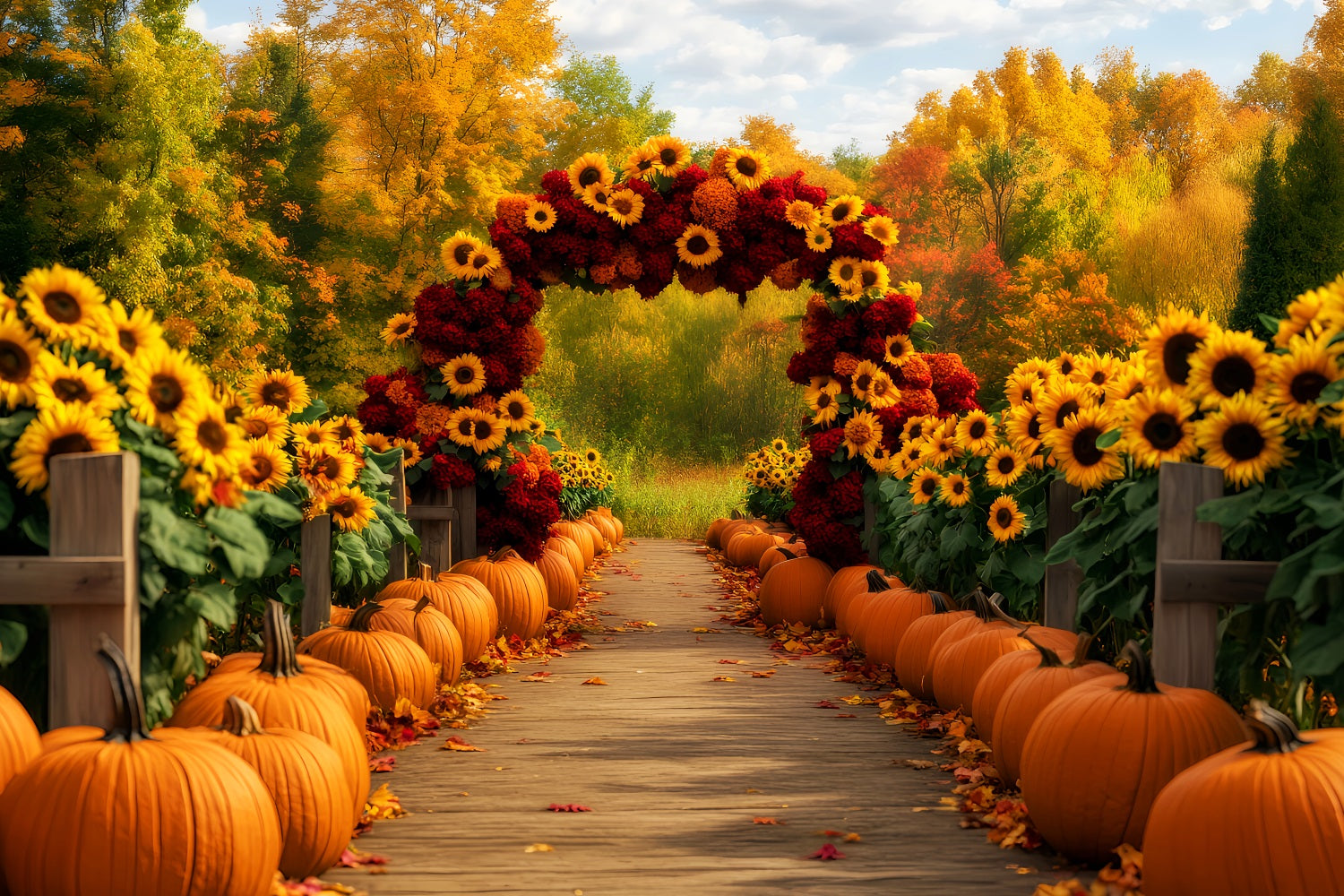 Sunflower Backdrop Sunflower Path Pumpkins Autumn Backdrop LXX59-284