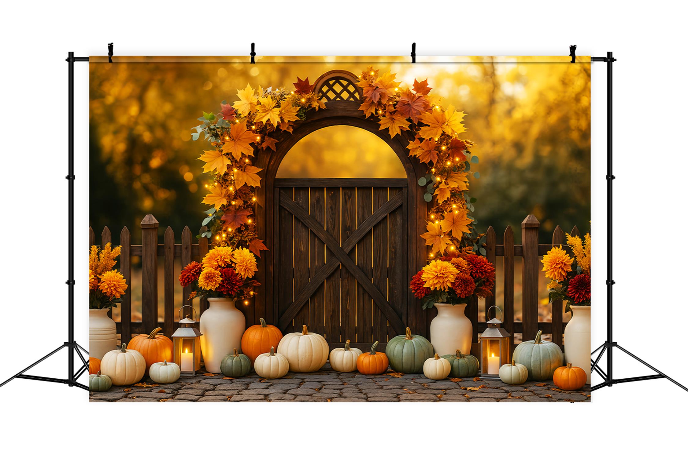 Fall Outdoor Backdrop Autumn Gate Pumpkins Lights Fall Backdrops LXX59-287
